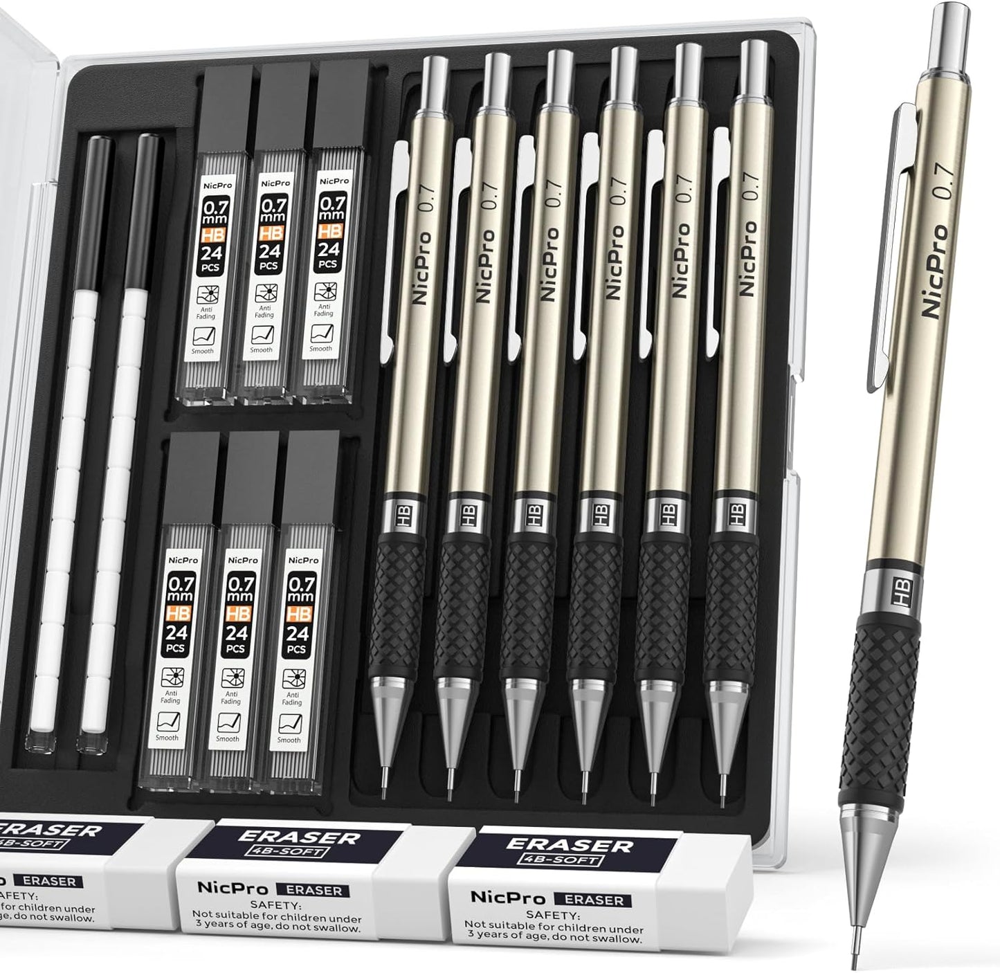 Nicpro 0.7 mm Art Mechanical Pencils Set, 6 PCS Metal Drafting Pencil 0.7mm Tube HB Lead Refills & 18 Cap Eraser for Adults, Children, Artist Writing, Drawing, Sketching, Black, 1 Count (Pack of 6)