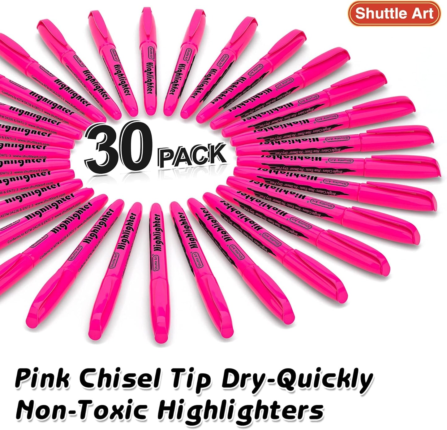 Shuttle Art Highlighters, 30 Pack Highlighters Bright Colors, Pink Colors Chisel Tip Dry-Quickly Non-Toxic Highlighter markers for Adults Kids Highlighting in the Home School Office