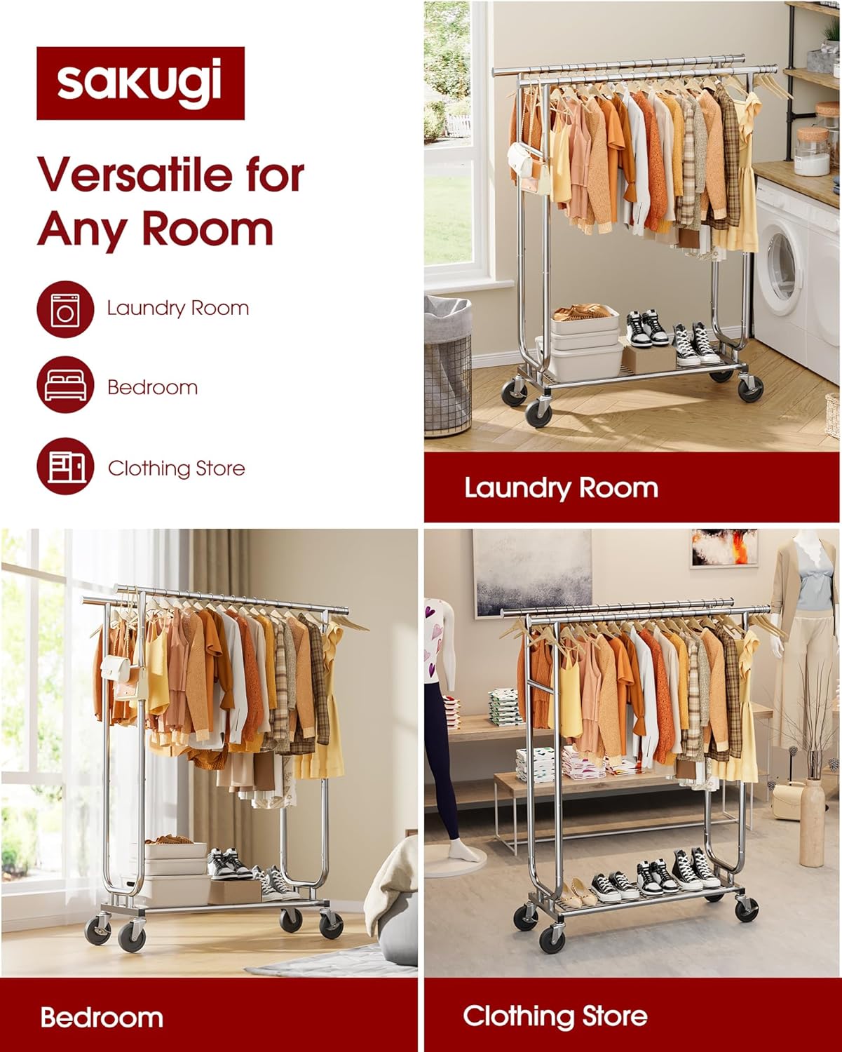 Heavy-Duty Clothes Rack - Double-Rod Stainless Steel Garment Rack with 4-inch Lockable Wheels, Clothing Racks for Hanging Clothes in Bedroom, Laundry Room, 43.3"×16.5"×61.0", Silver