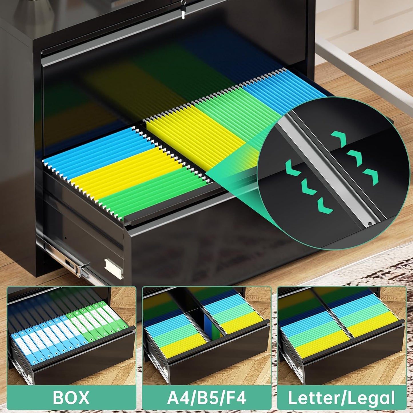 Superday Lateral File Cabinet 2 Drawer Metal File Cabinet with Lock, Black Filing Cabinets for Home Office, Locking Filing Cabinets Hanging Files Letter/Legal/F4/A4