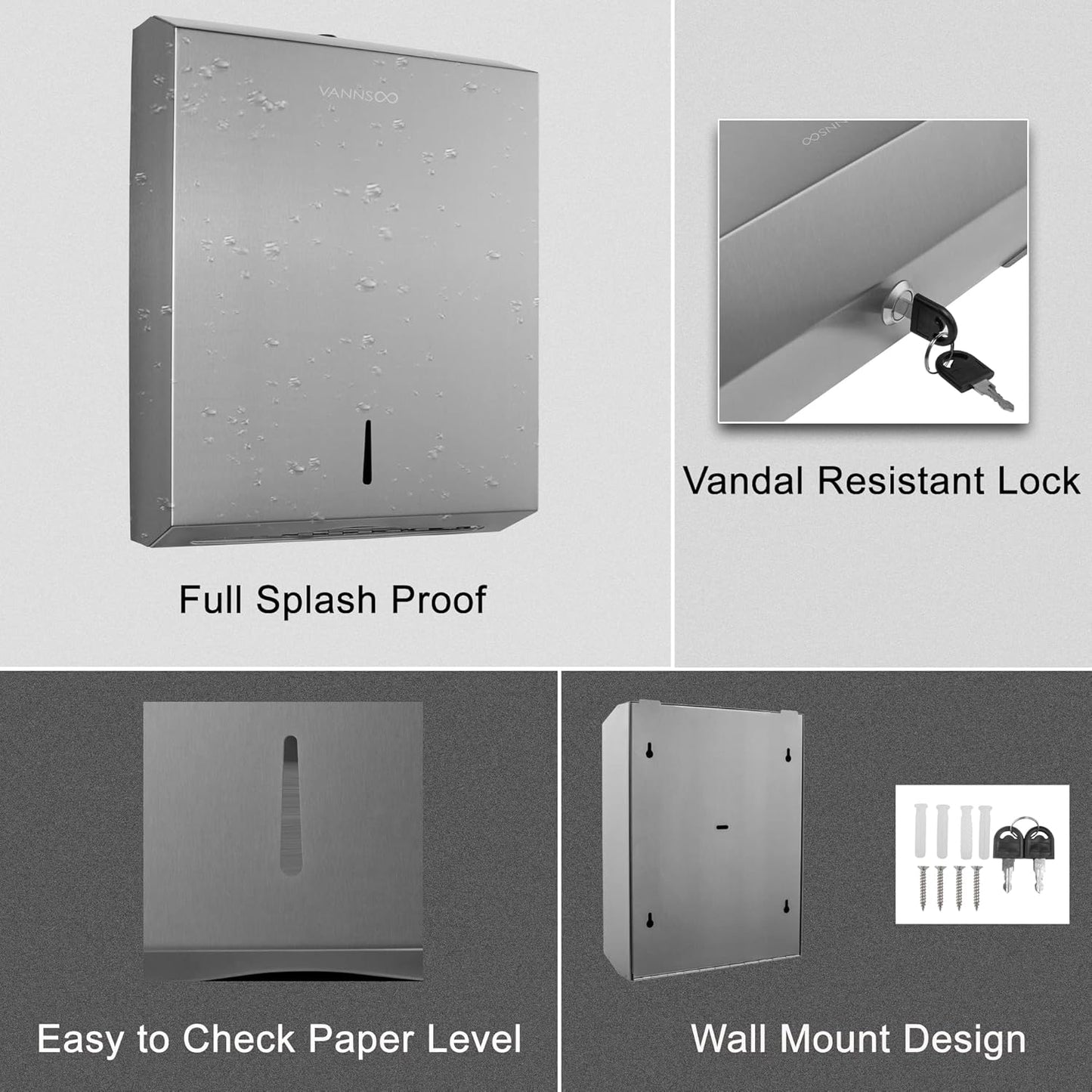 Paper Towel Dispenser, Commercial Stainless Steel Tri-fold/Multi-fold/C-Fold Paper Towel Holder Wall Mount Key (Brushed)