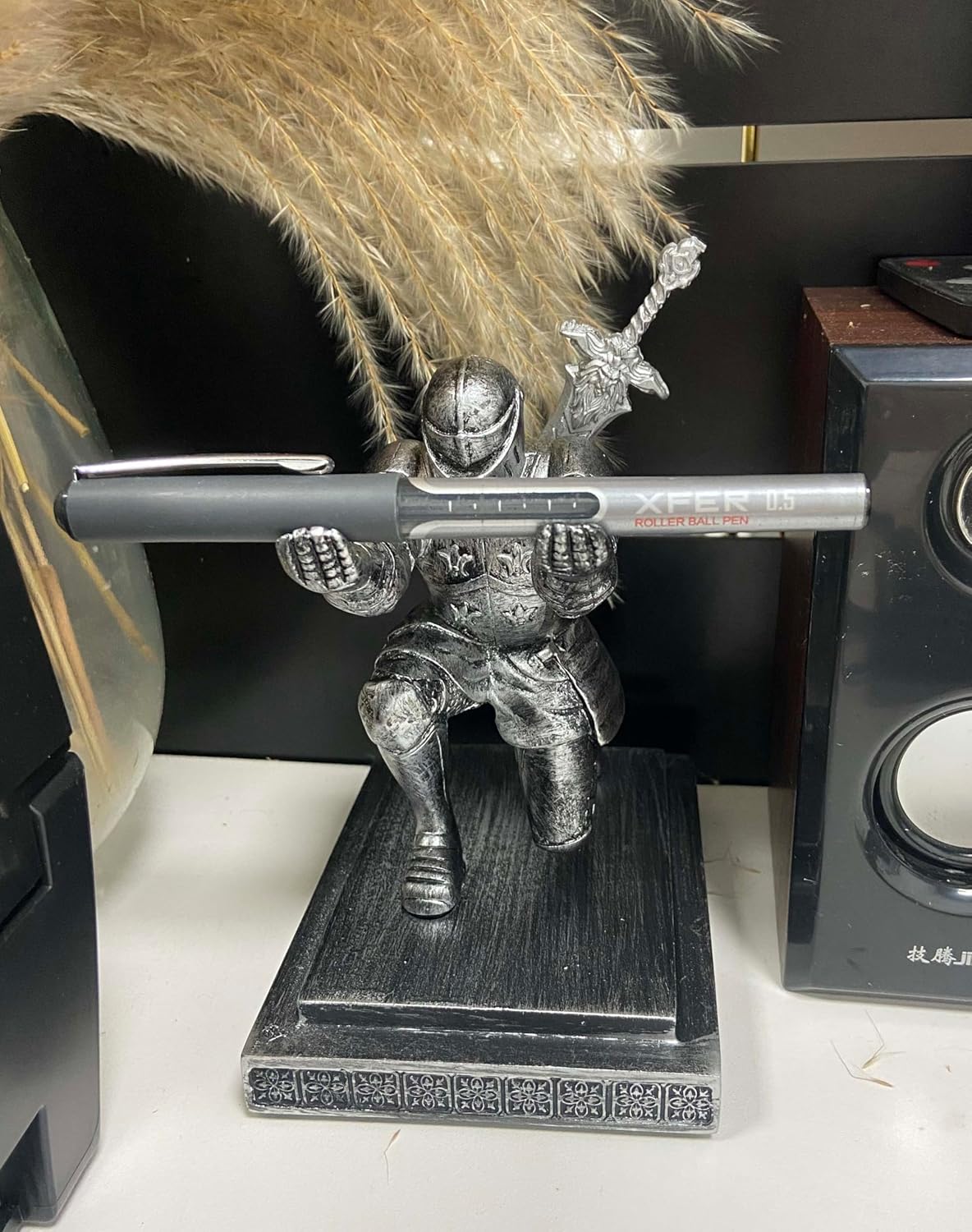 Magnetic Knight Pen Holder Knight Statue Pen Holder for Desk Organizers Resin Pencil Holder as Gift with Sword Letter Opener for Office Home Desk