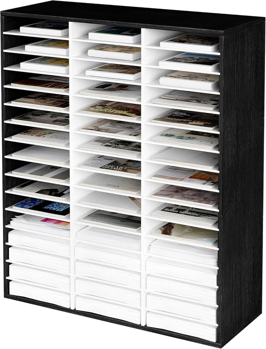 EasyPAG Mail Organizer Countertop, Wood Literature Organizer with Adjustable Shelves, Student Classroom Mailbox for School, Desktop Paper Sorter for Office Home, 48 Compartments, Black/White
