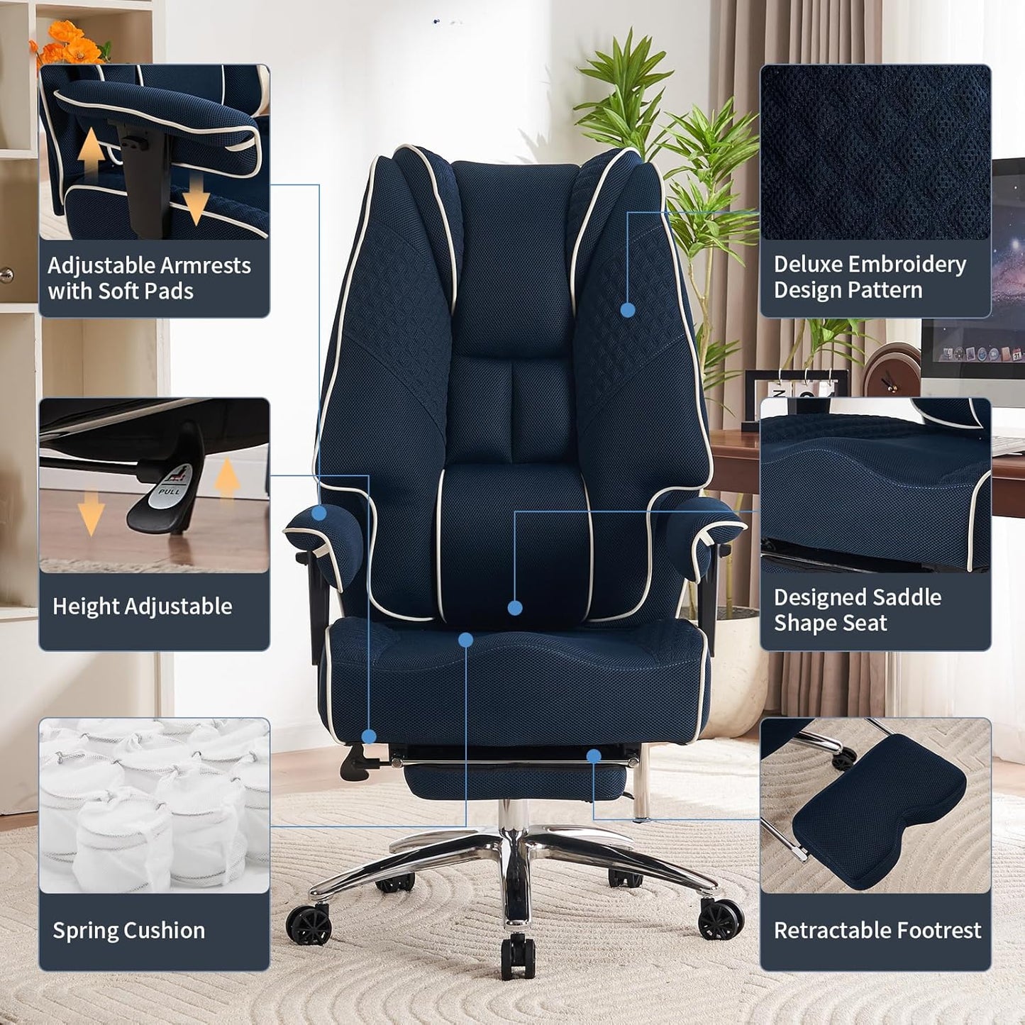 Big and Tall Office Chair 400lbs Wide Seat, Leather High Back Executive Office Chair with Foot Rest, Ergonomic Chairs Lumbar Support for Lower Back Pain Relief (Mesh Dark Blue)