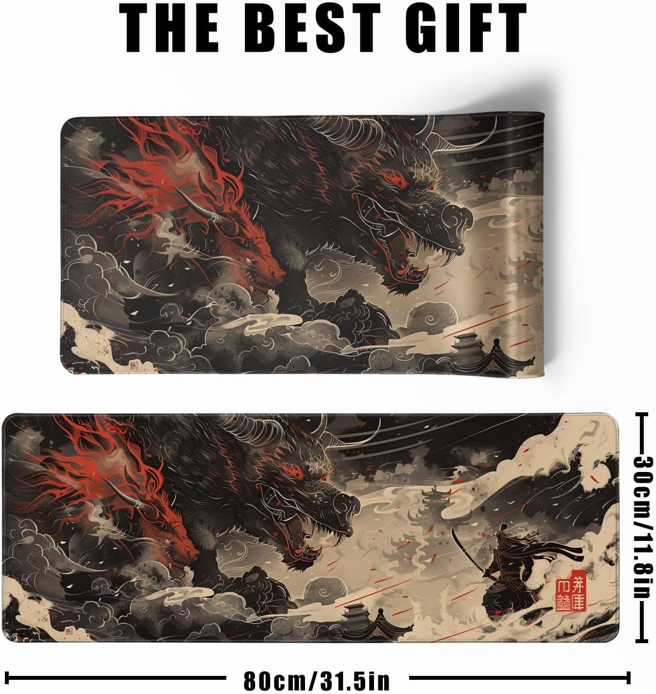Huge Demon Large Mouse Pad Japanese Ukiyo-e Mousepad Samurai Desk Mat, Big Full Keyboard and Mouse Pad Cool Desk Pad for Keyboard Mouse with Stitched Edges Anti-Slip Funny Desk Pad, 31.5 X 11.8