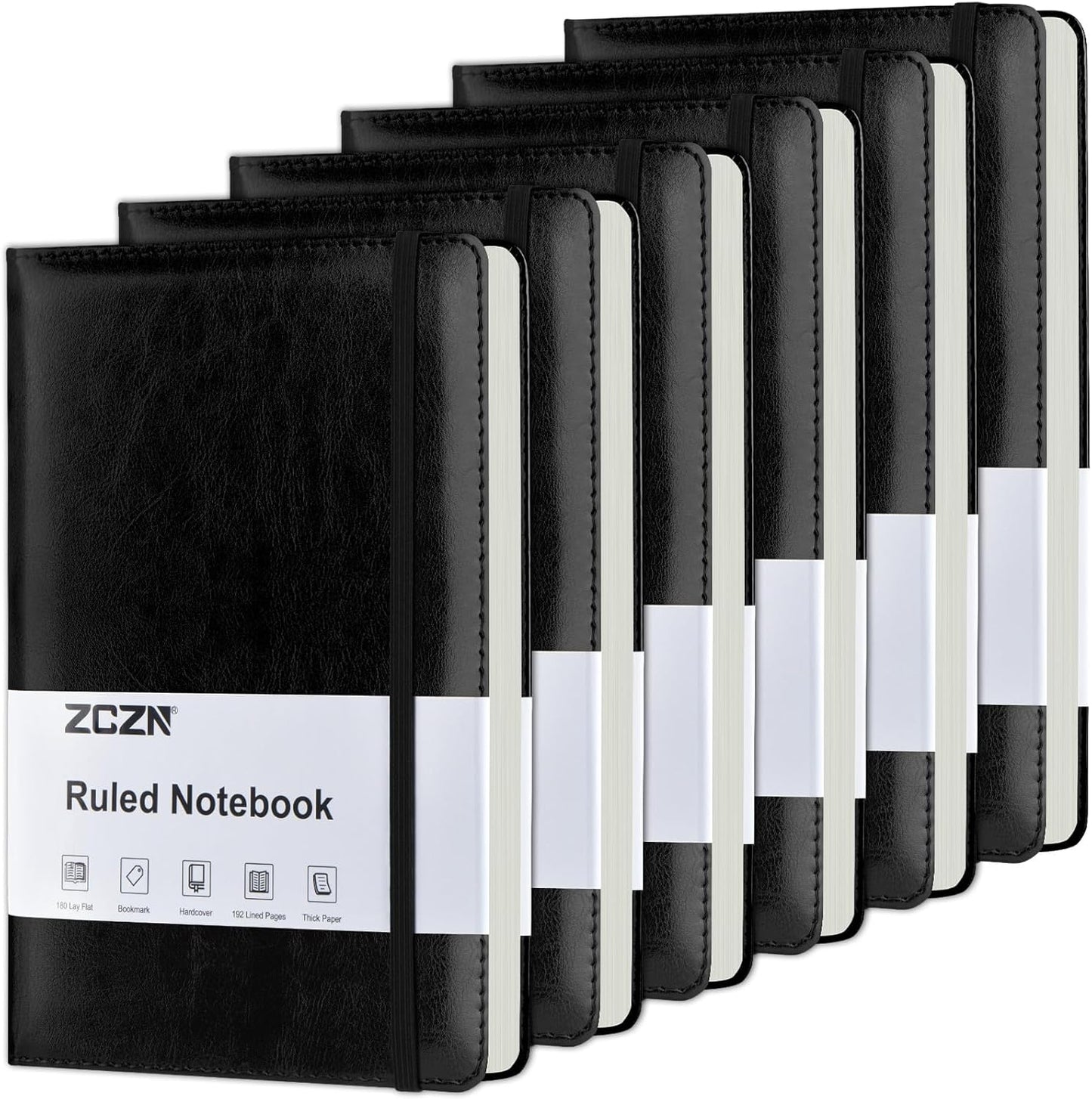 ZCZN Lined Journal Notebooks for Work, 5.5x8.3 in, 192 Pages, Hardcover Leather A5 Journals for Writing, Diary & Travel, College Ruled Journaling Notebooks for School, Office, Home (Black*6)
