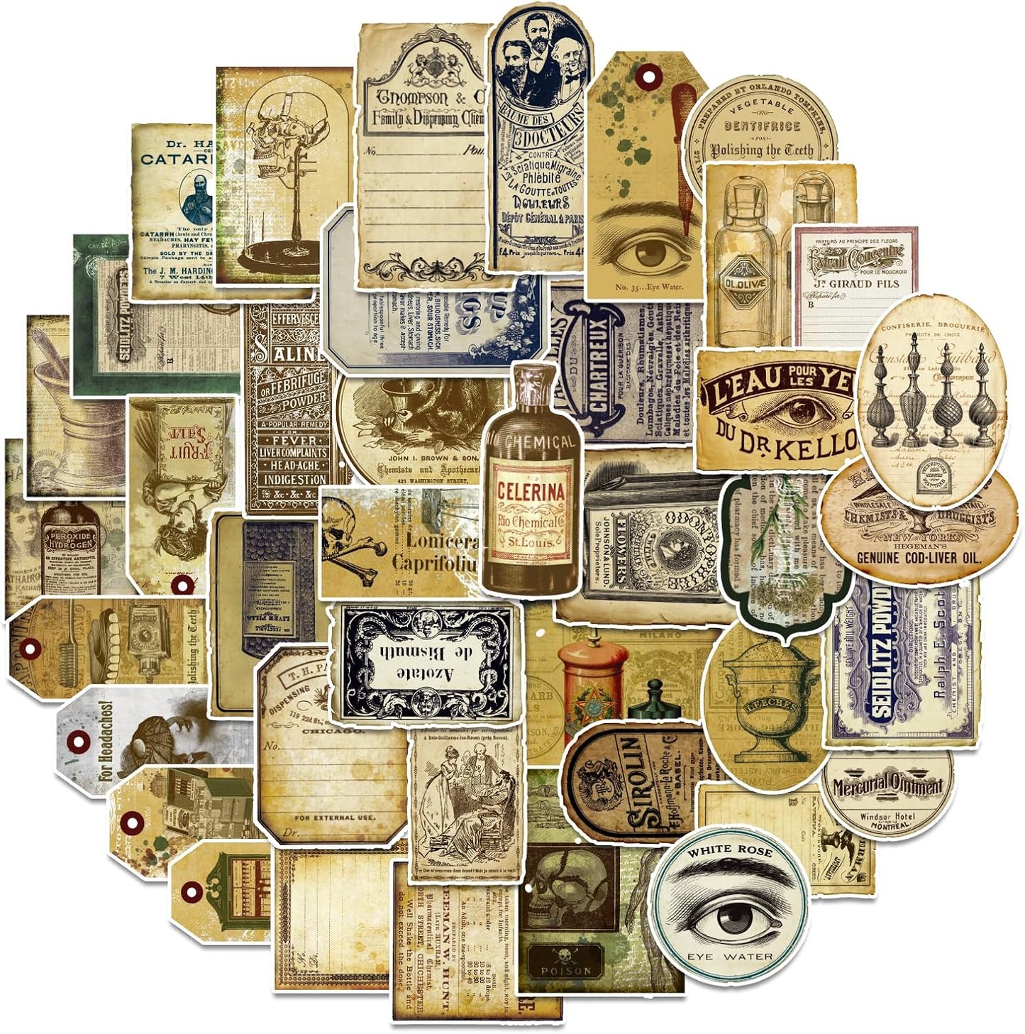 Prstincol 120 Pcs Vintage Apothecary Potion Label Stickers for Journaling, Dark Aesthetic Scrapbook Supplies Ephemera for Junk Journal Bullet Journal DIY Crafts Album Collage