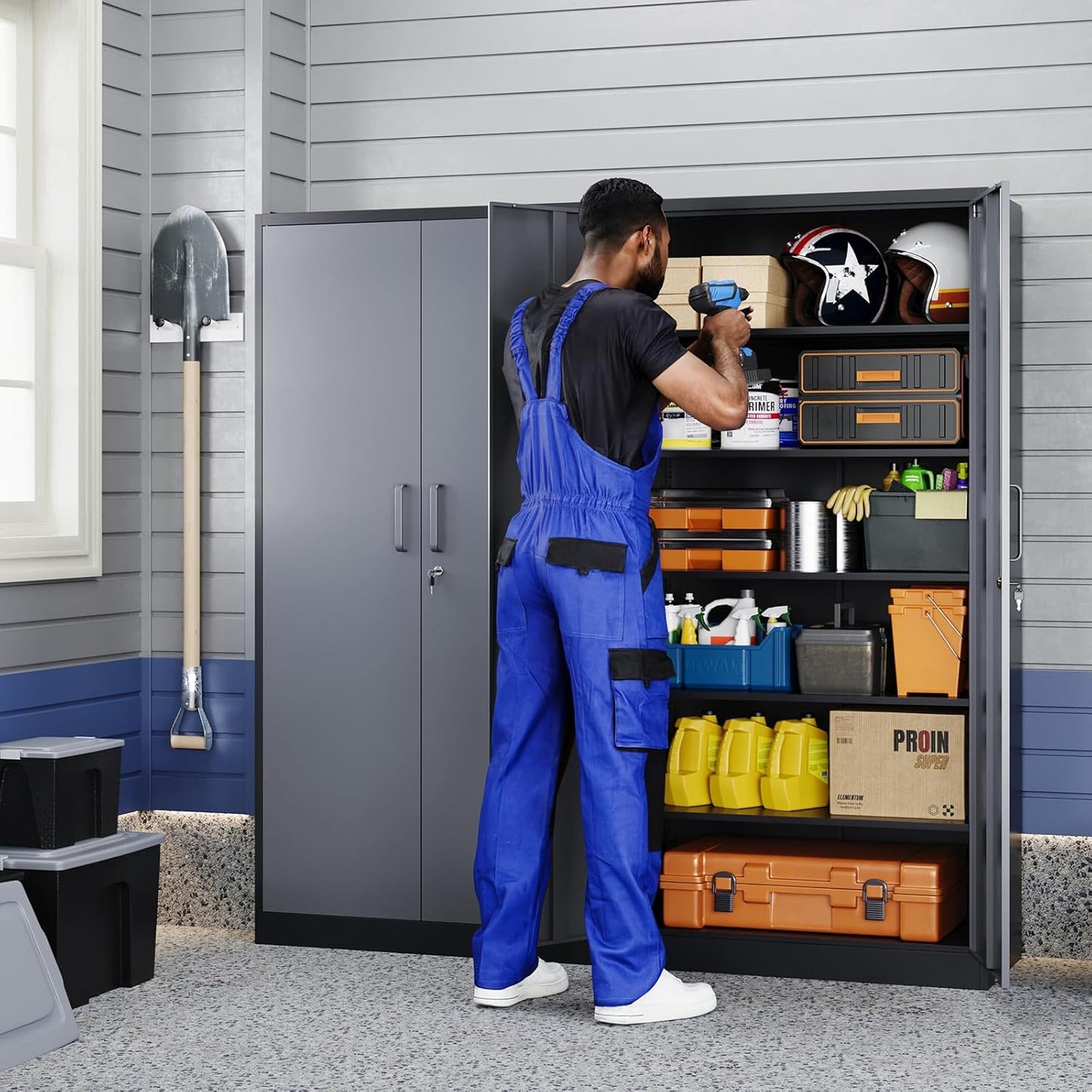 Yizosh Metal Garage Storage Cabinet with 2 Doors and 5 Adjustable Shelves - 71" Steel Lockable File Cabinet,Locking Tool Cabinets for Office,Home,Garage,Gym,School (Gray Black)