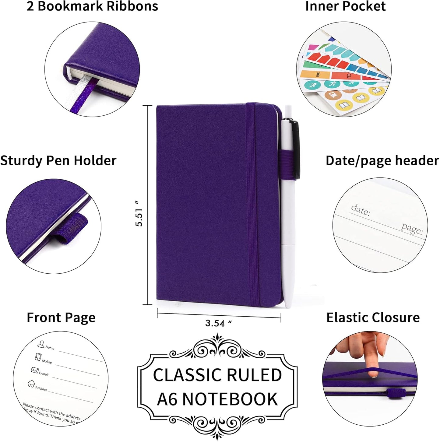 feela 15 Pack Pocket Small Notebooks Bulk, Mini Cute Notepads Hardcover College Ruled Lined Journals with Pen Holder for School Business Memos, with 15 Black Pens, 3.5”x 5.5”, A6, Purple