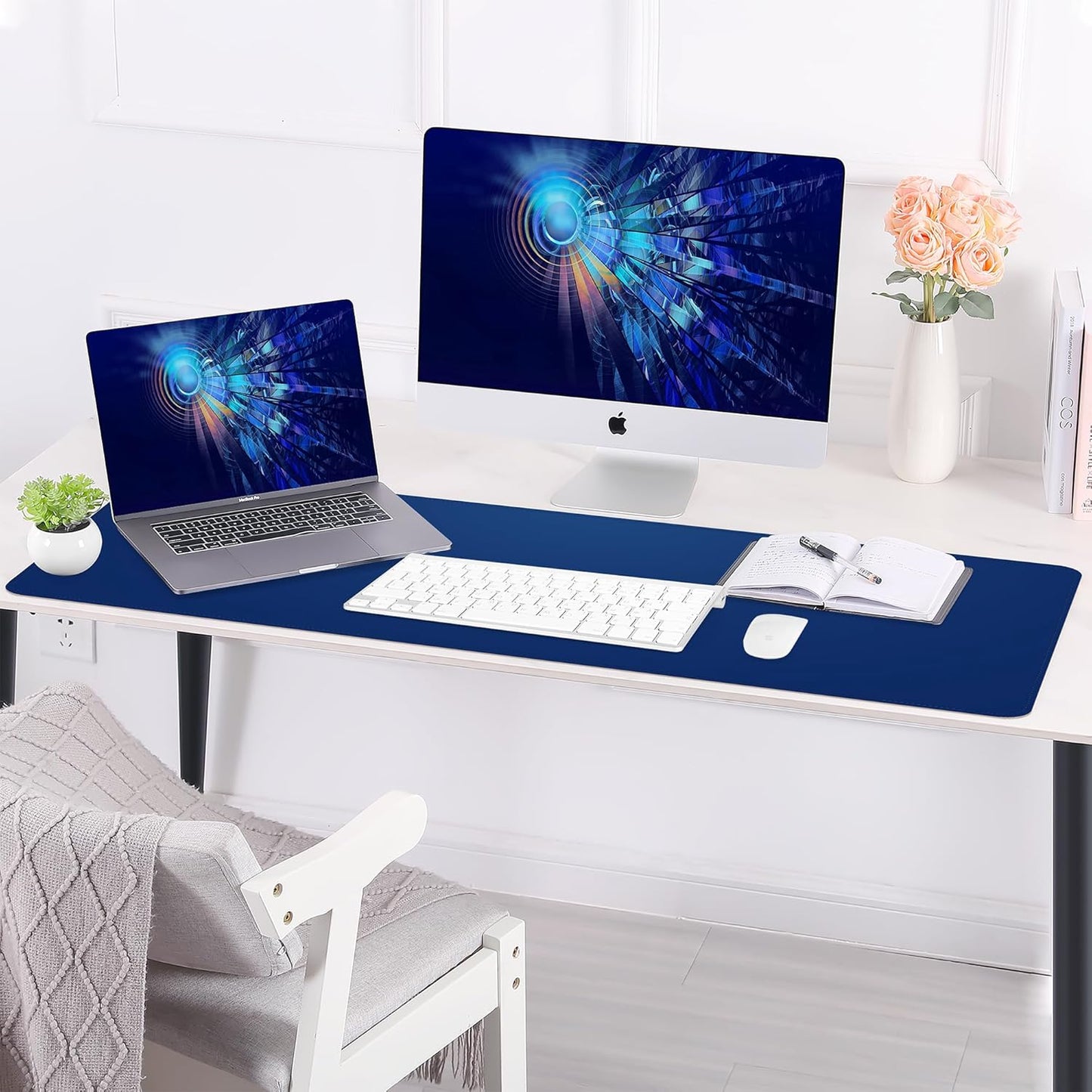 Desk Mat,35.4" x 17" Leather Desk mat,Double-Sided Desk Pad,Desk matt for Desktop,Large Mouse Pad,Office Desk mat,Waterproof Desk Blotter pad for Office&Home(Sapphire Blue+Cork)