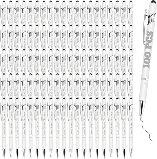 Personalized Pens Bulk 100 with Name Custom Engraving Ballpoint Pens with Stylus Tip Customized Smooth Writing Pens Personalized Gifts for Anniversary Birthday or Graduation(White,Black Ink)