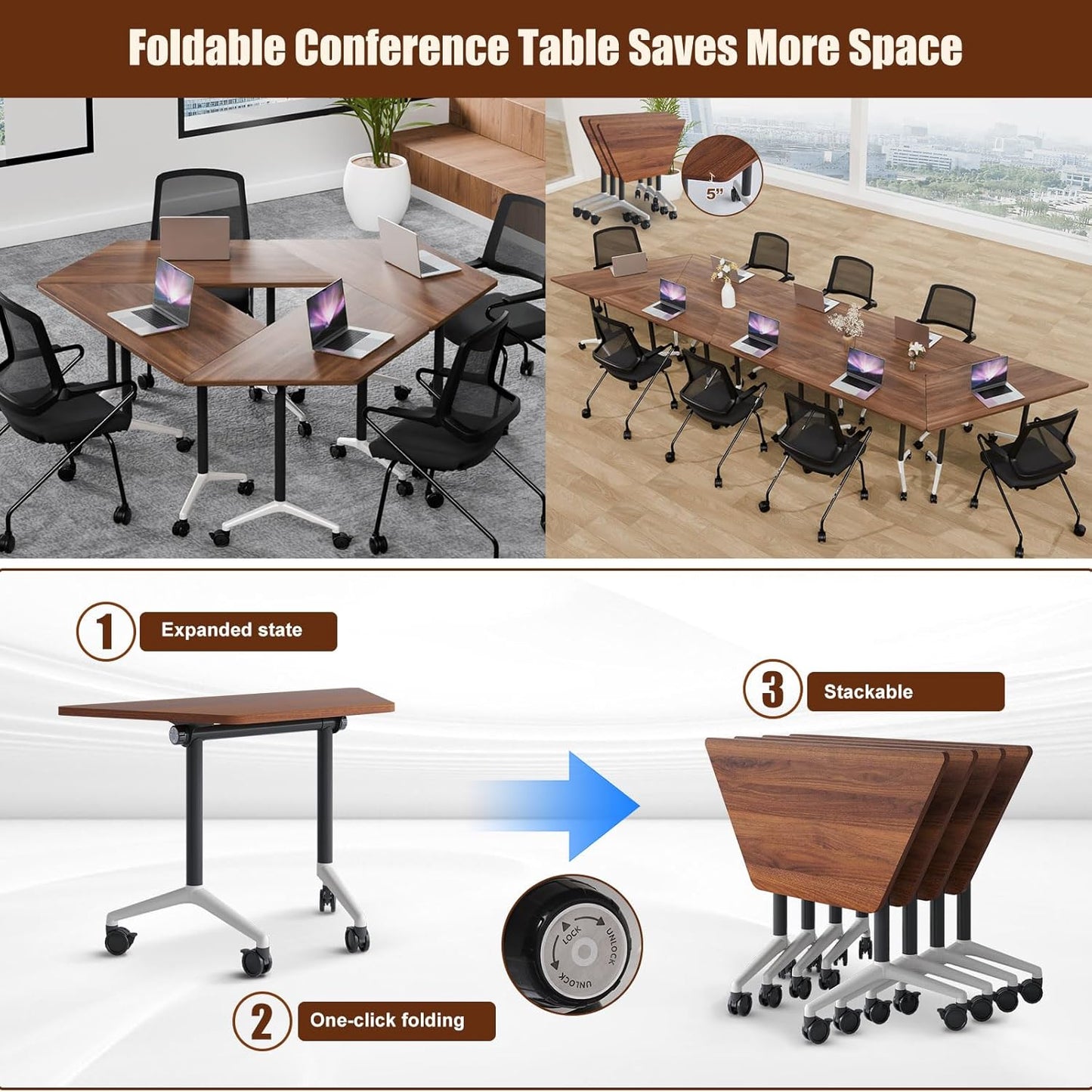 Conference Table, Folding Conference Desk Modern White, Seminar Table with Wheels, 2-10 People for Office, Meeting Break Room (2, 1915TXH, 47IN)