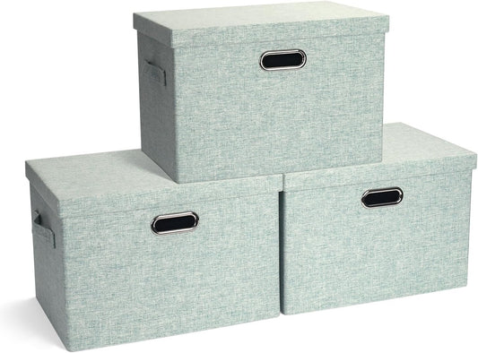 Large 17" 36 Quart Collapsible Stackable Storage Bins with Lids, 3 Packs Light Green Linen Fabric Closet Boxes with Lids, Storage Cube Baskets Container Organizers for Office (17x12x11)
