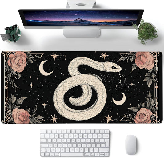 Desk Mat, Boho Gothic Snake and Pink Rose Large Gaming Mouse Pad with Non-Slip Base Stitched Edges,Desk pad for Keyboard and Mouse Home Office 35.4"x15.7"