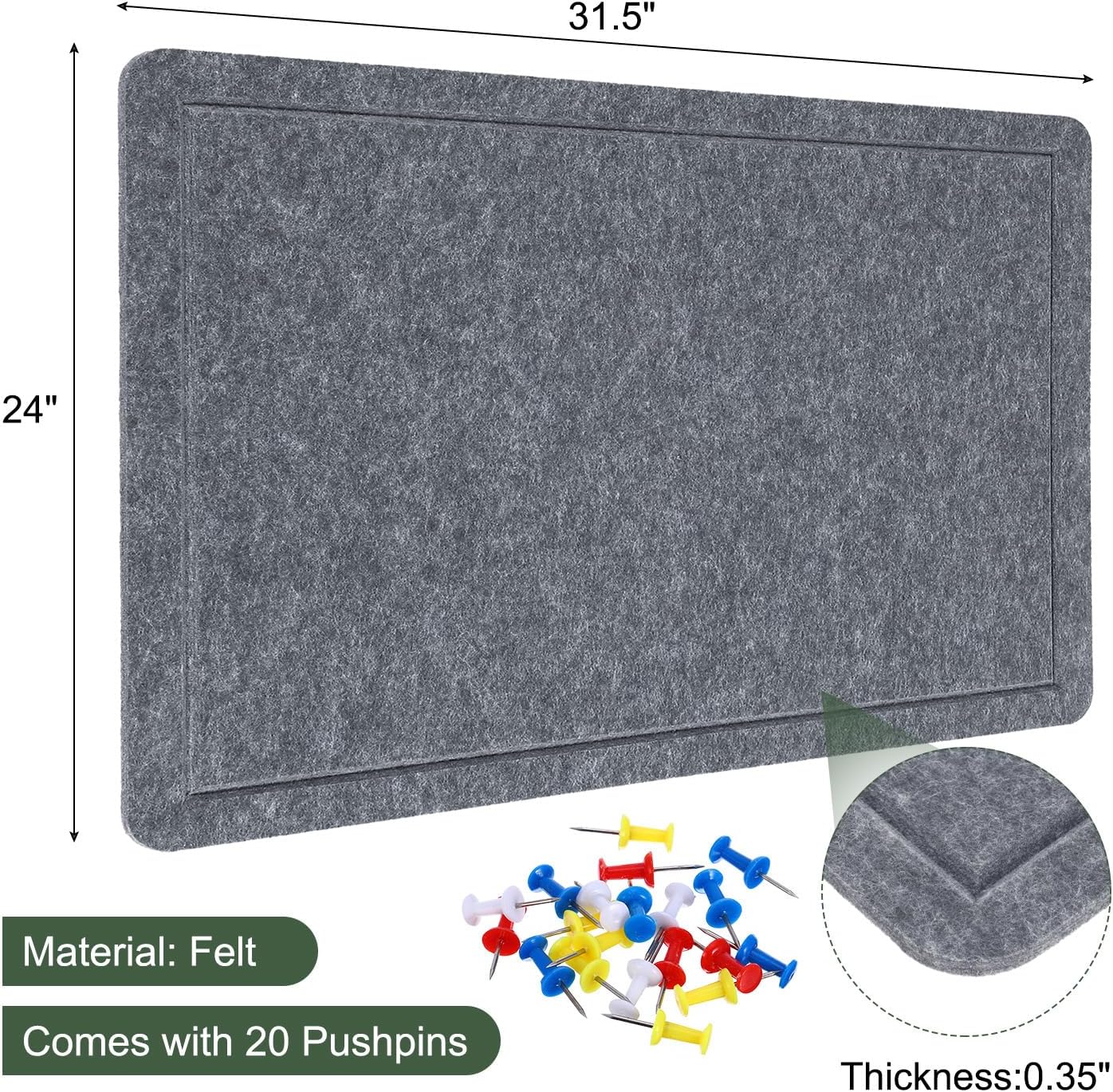 YOKIVE Felt Bulletin Board, 31.5 x 24 -Inch Foldable Decorative Pin Board Self Adhesive Felt Cork Board with 20 Pushpins, Great for Wall, Photo Display, Paste Note, Schedule(Gray)
