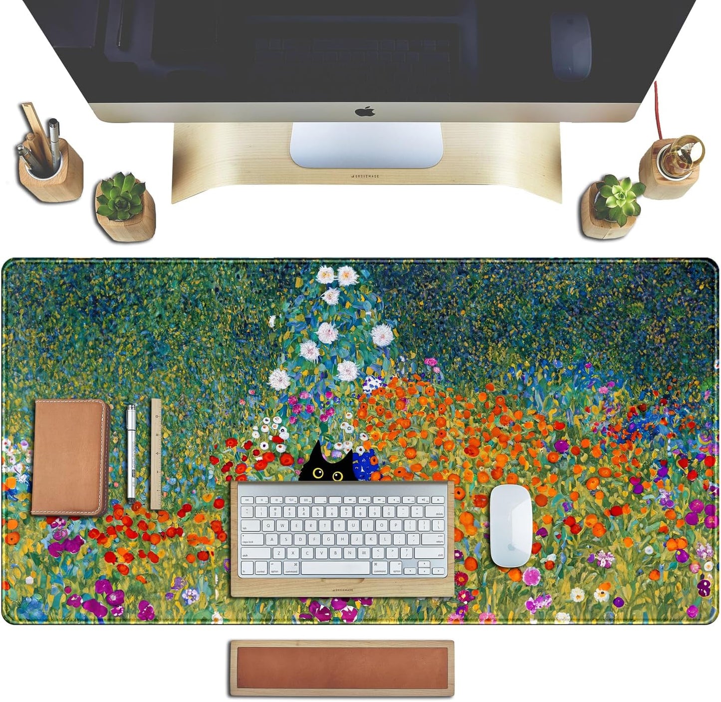 Desk Pad Cute Black Cat Oil Painting Art Floret Desk Mat Office Desk Decor Large Mouse Pad Gaming, XL Mousepad Women Office Desk Decor Laptop Keyboard Mouse Pads with Stitched Edges Mat 31.5x15.7 in