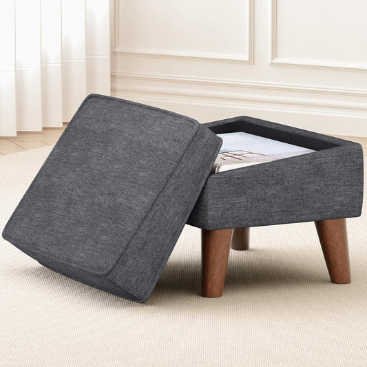 Small Footstool Ottoman with Storage, Ottoman Foot Rest, Modern Foot Stool with Adjustable Lid and Sturdy Wood Legs for Living Room, Bedroom, Couch, Enterway, Light Gray