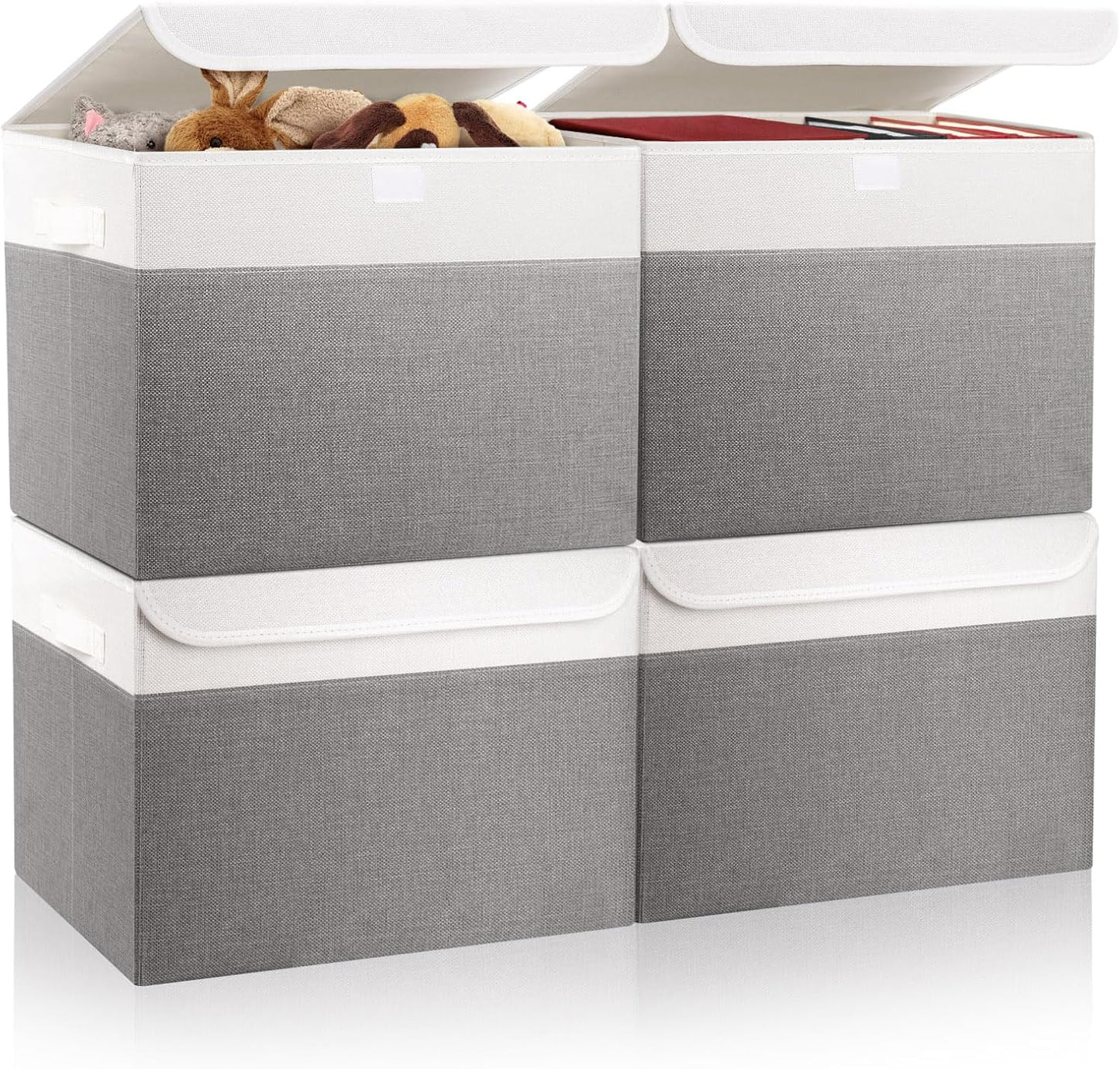 Large 22 Quart Linen Fabric Foldable Storage Bin Cube Organizer Basket with Flip-Top Lid & Handles, Clothes Blanket Box for Home, Office, Closet, Gray & White, 4 Pack 14.6 x 9.5 x 9.5”