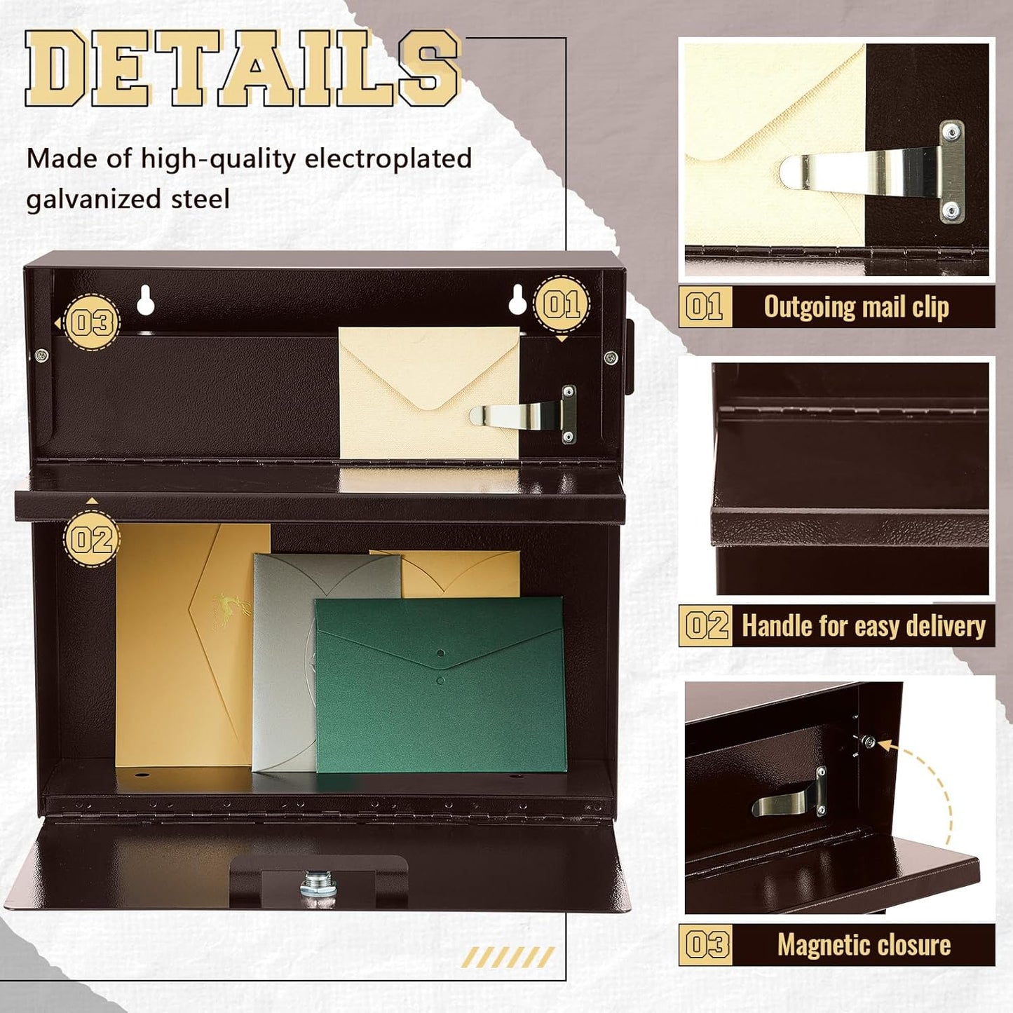 Extra Large Wall Mount Mailboxes for Outside 15.35 x 15 x 7 Inches Locking Security Mail Box Galvanized Steel Wall Mailbox Large Capacity Post Box with Key Lock and Reflective Stickers(Brown)