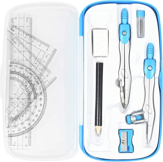 Math Geometry Kit Sets 10 Piece Student Supplies with Shatterproof Storage Box,Includes Rulers,Protractor,Compass,Eraser,Pencil Sharpener,Lead Refills,Pencil,for Drafting and Drawings（Blue）