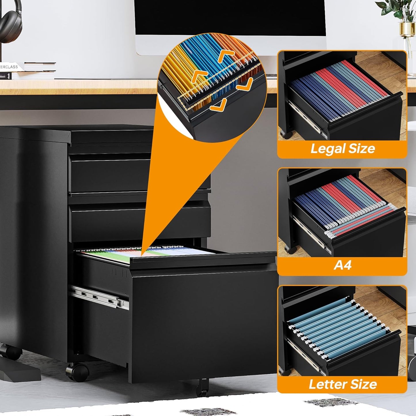 STANI 3 Drawer Mobile File Cabinet with Lock Under Desk Metal Filing Cabinet Locking Office Mobile Cabinet with Wheels Under Desk Office Drawers Rolling Mobile File Cabinet Assembly Required Black