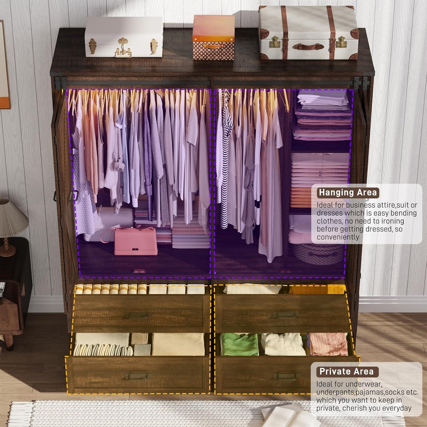 Farmhouse 4 Doors Armoire Wardrobe Closet w/Folding Sliding Barn Door and Lights, LED Armoire Closet w/Drawers for Bedroom, Freestanding Wooden Wardrobe Storage Closets w/Hanging Rod,Rustic Brown