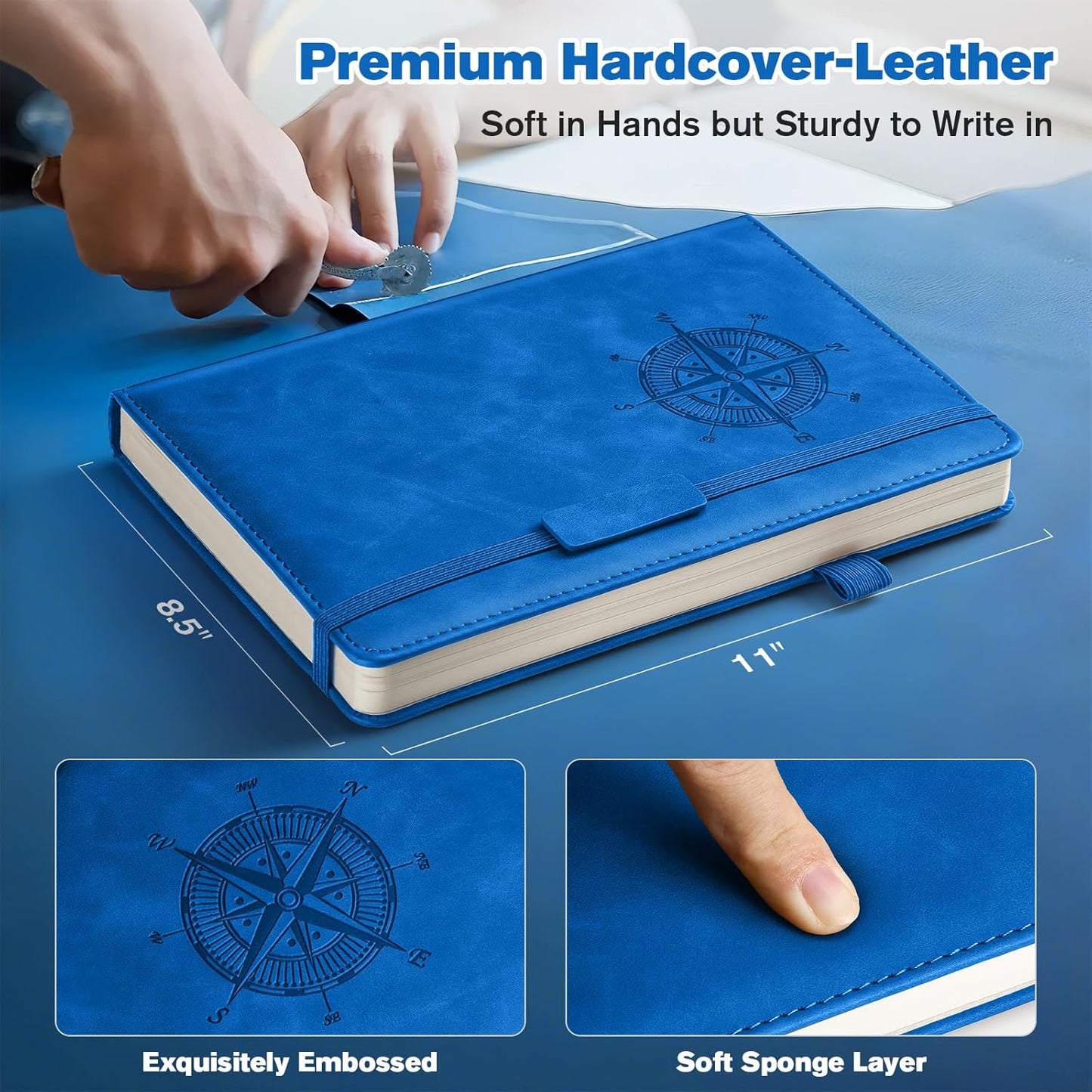 Notebook Journal for Women Men: Leather Journal for Writing, Hardcover College Ruled Journals Notebooks with Thick Paper, Large A4 Daily Journal for Travel, Diary, Gifts for Teens, 8.5"×11", Blue