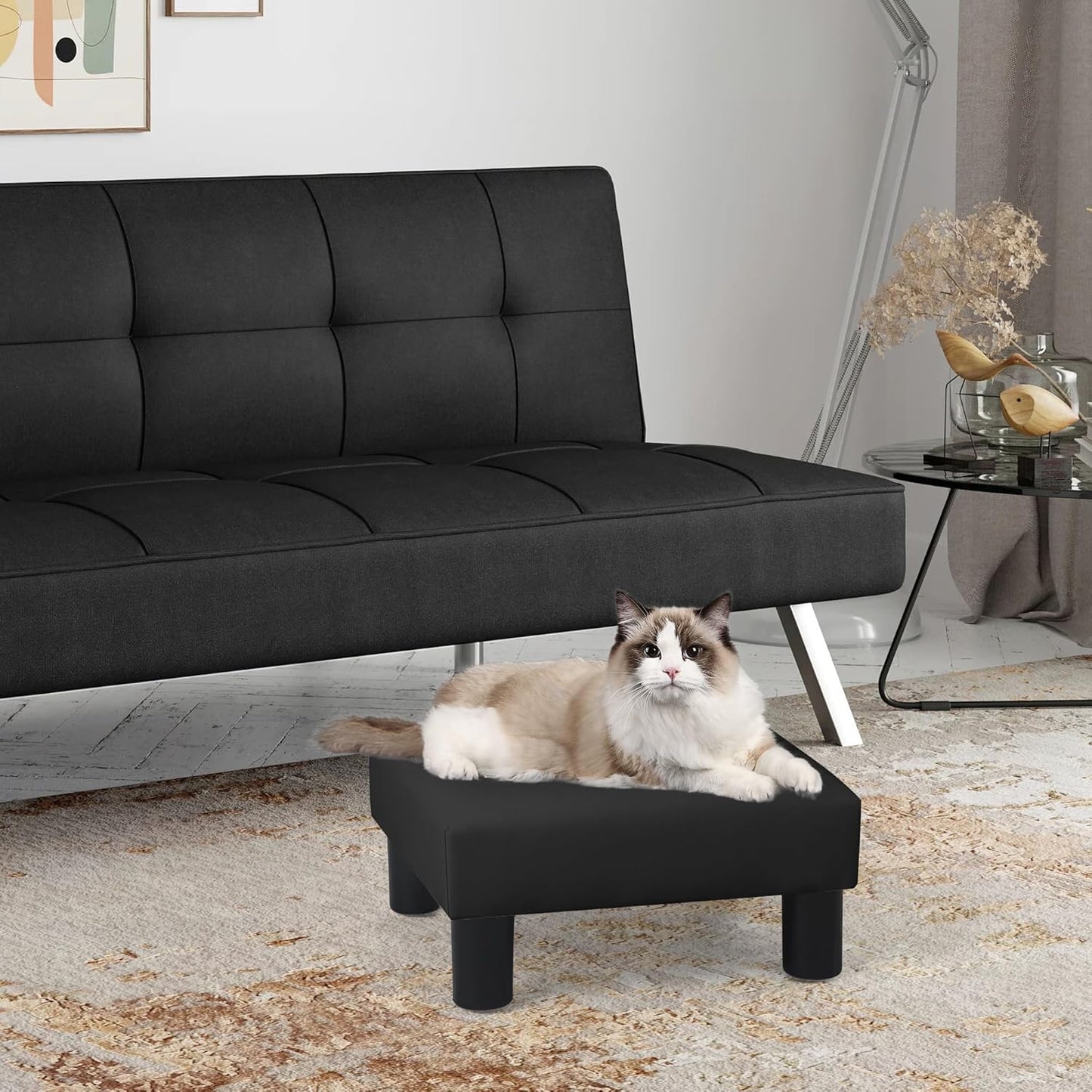 Joveco Small Footstool Ottoman, PU Leather Square Upholstered Footrest with Plastic Legs, Under Desk Foot Stools for Living Room Bedroom Office, Black