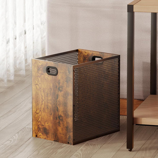 Retro Office Trash Can, Iron and Wood Combination Bedroom Garbage Can, Rectangular Design Wastebasket with Handle, Industrial Style Trash Can for Home Office, 4.5 Gallon (Patent Pending)