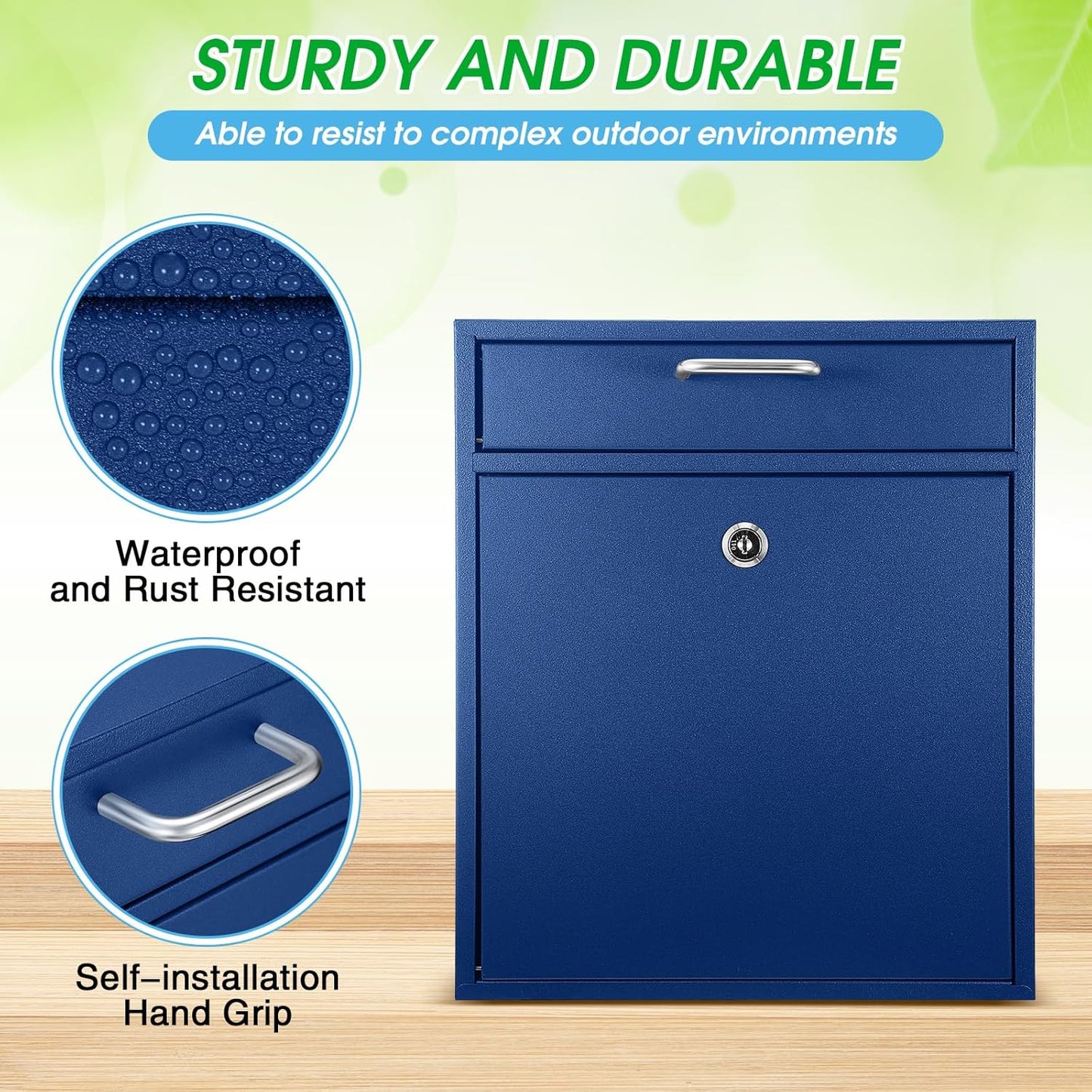 Locking Mailbox with Key for Outdoor 12 x 10.5 x 4.7 Inches Large Wall Mount Mail Box with Lock Security Mail Drop Metal Collection Boxes Hanging Secure Postbox(Dark Blue)