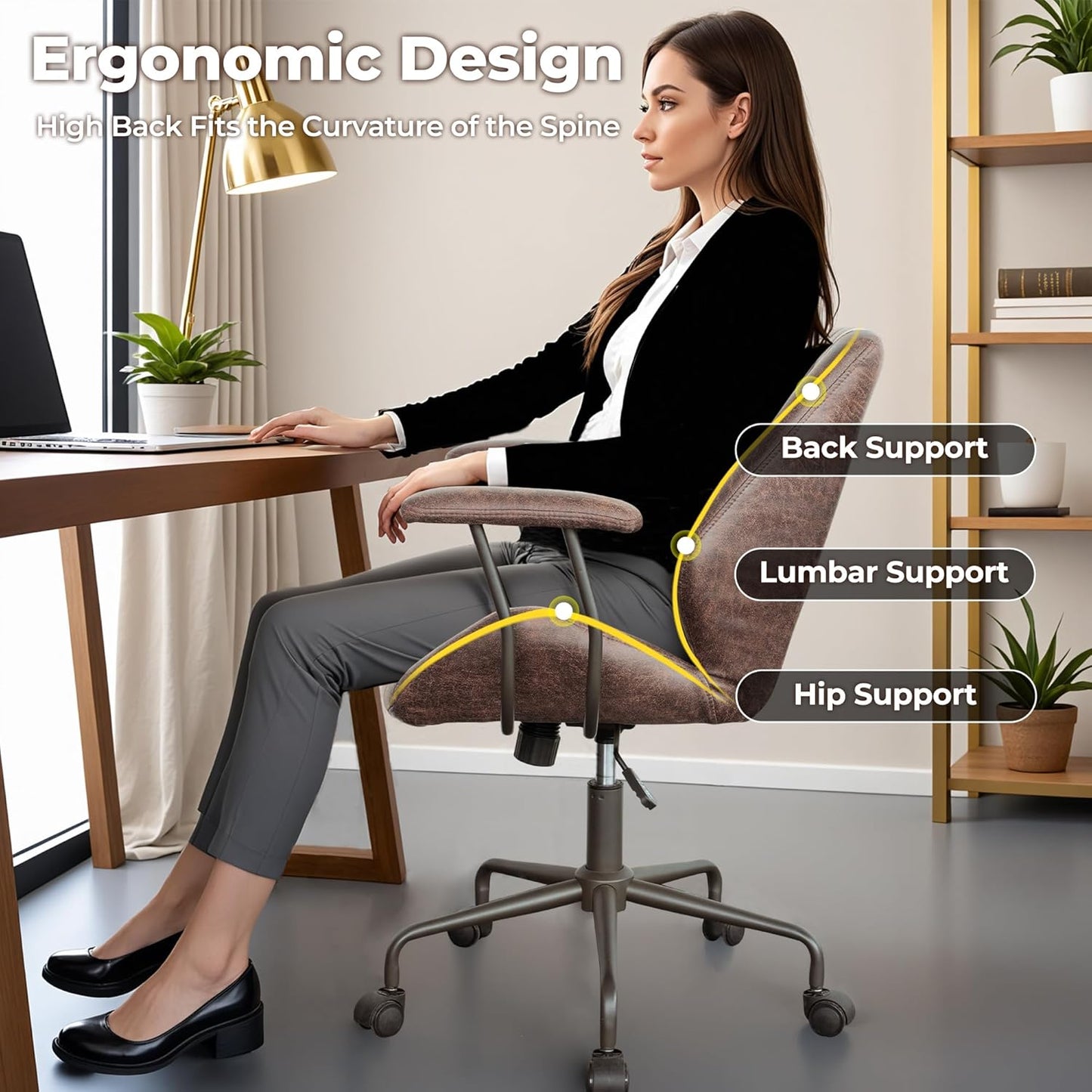 ovios Ergonomic Home Office Chair, Mid-Century Modern Faux Leather Chairs with Padded Armrests, Comfy Mid Back Swivel Rolling Executive Computer Armchair (Dark Brown, Suede Leather)