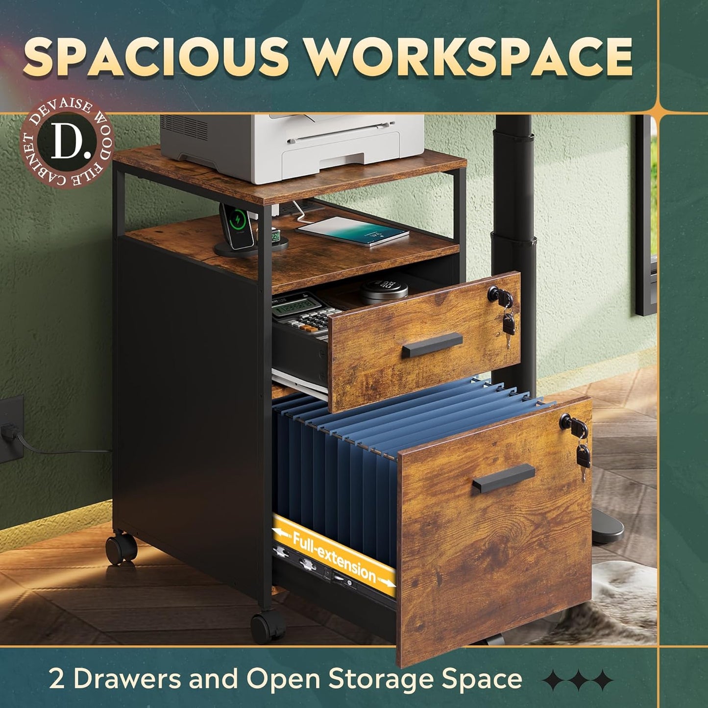 DEVAISE 2 Drawer File Cabinet with Lock and Charging Station, Wood Filing Cabinet fits A4 or Letter Size, Mobile Printer Stand with Open Storage Shelf for Home Office, Rustic Brown