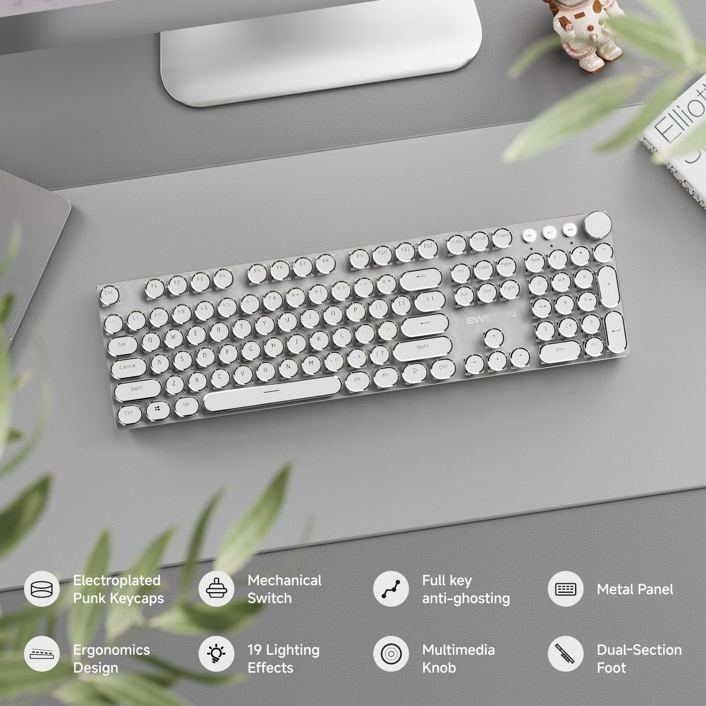 EWEADN Typewriter Style Mechanical Gaming Keyboard, Wired Mechanical Keyboards,104 Keys Backlit LED Keyboards, Media Control Knob, Wired Computer Keyboard Pink Switch for Windows/Mac/PC-White