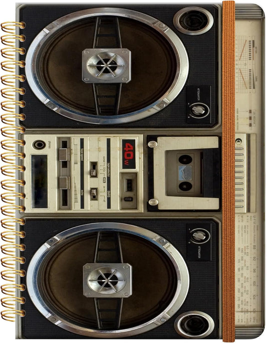 Ruled Spiral Writing Notebook,A5 Hardcover Lined College Journal for Women Lady,Fashion Puppy Watercolor Strong Twin-Wire Binding with Premium Paper,8.4" X 6",Perfect for School,Office,Home Gifts(Tape Recorder Vintage)