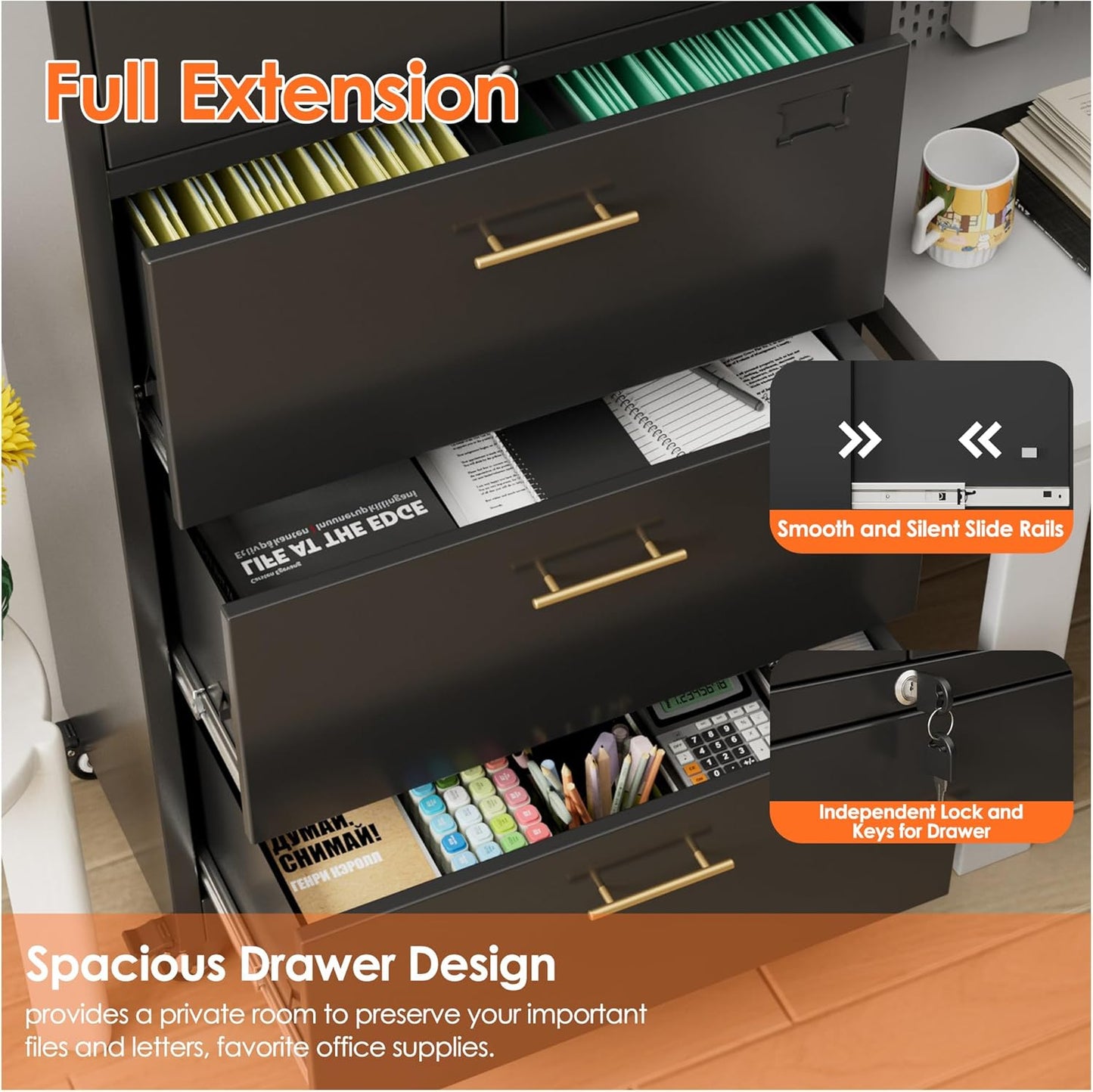 Aobabo Metal 3 Drawers Lateral File Storage Cabinet and Unit Adjustable Shelf Organizer, Steel Files Cabinet with Wheels, 2 Door Storage for Office Legal/Letter A4 Size, Assembly Required, Black