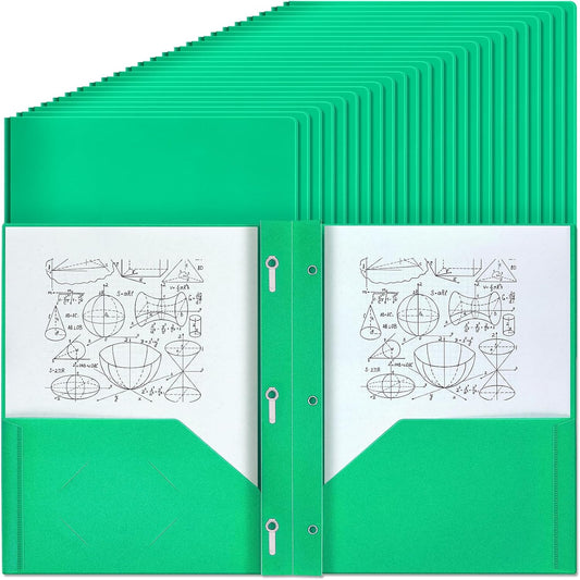 Lincia 100 Pcs Plastic Folders with Pockets and Prong Folders with Prongs 2 Pockets for Office, School for Students, Teachers, Office Workers(Green)