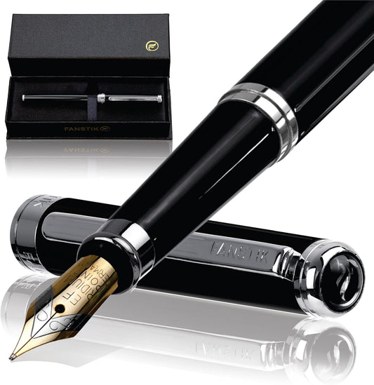 Customized Black & Silver Luxury fountain pen (Made In USA) fancy gift set for women, Real 24K Gold Plating, Professional executive pen gift set for men (Lux Custom-fountain Black-Silver)
