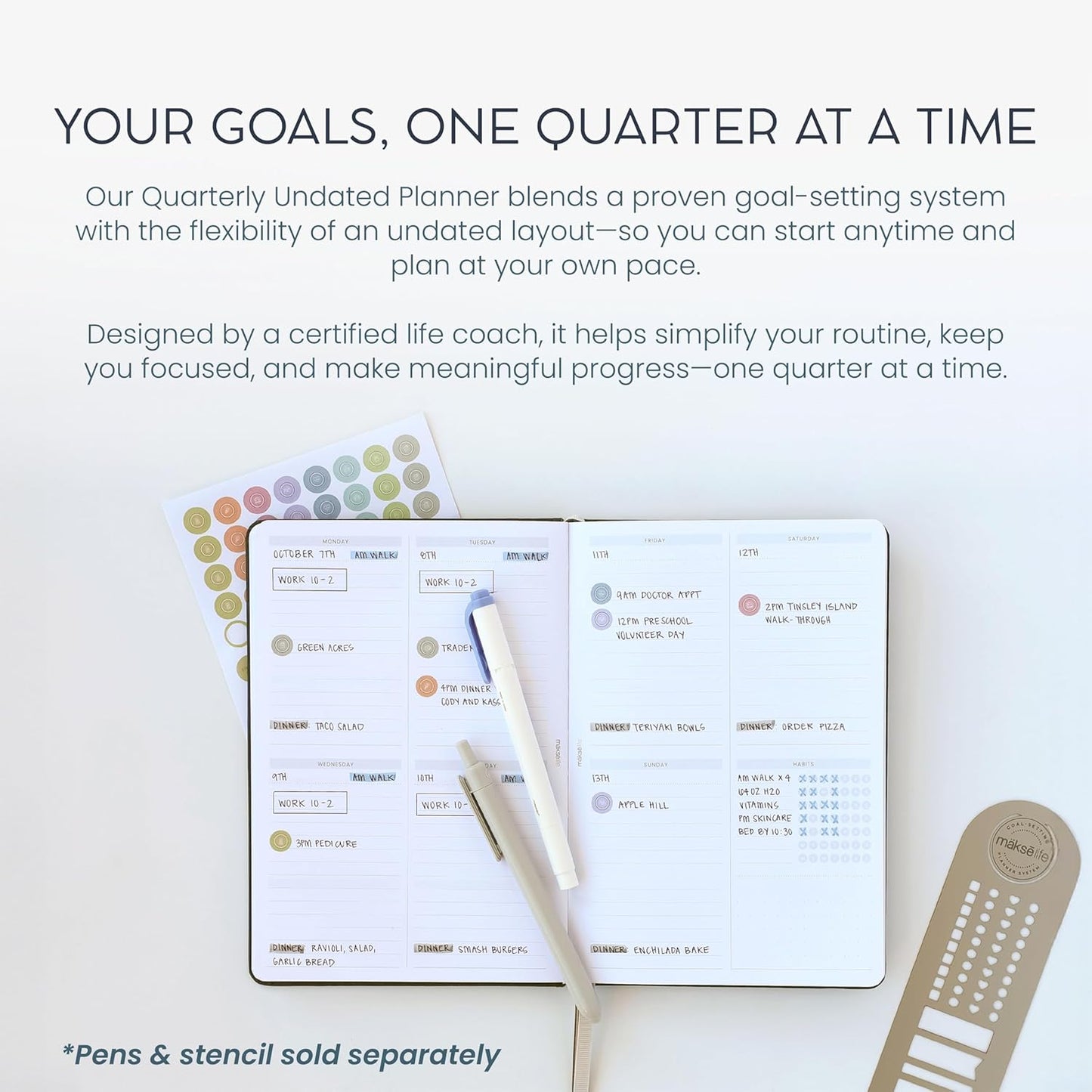 Quarterly Undated Planner - Goal Setting And Weekly Planner, Productivity Tools, Time-Management, Habit Tracker, Cream