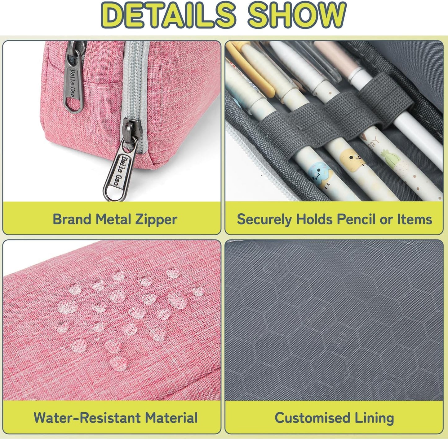 Della Gao Big Capacity Pencil Pen Case Nylon Large Pencil Pouch Simple Stationery Bag Office Organizer Pen Bag for Men Women - Pink