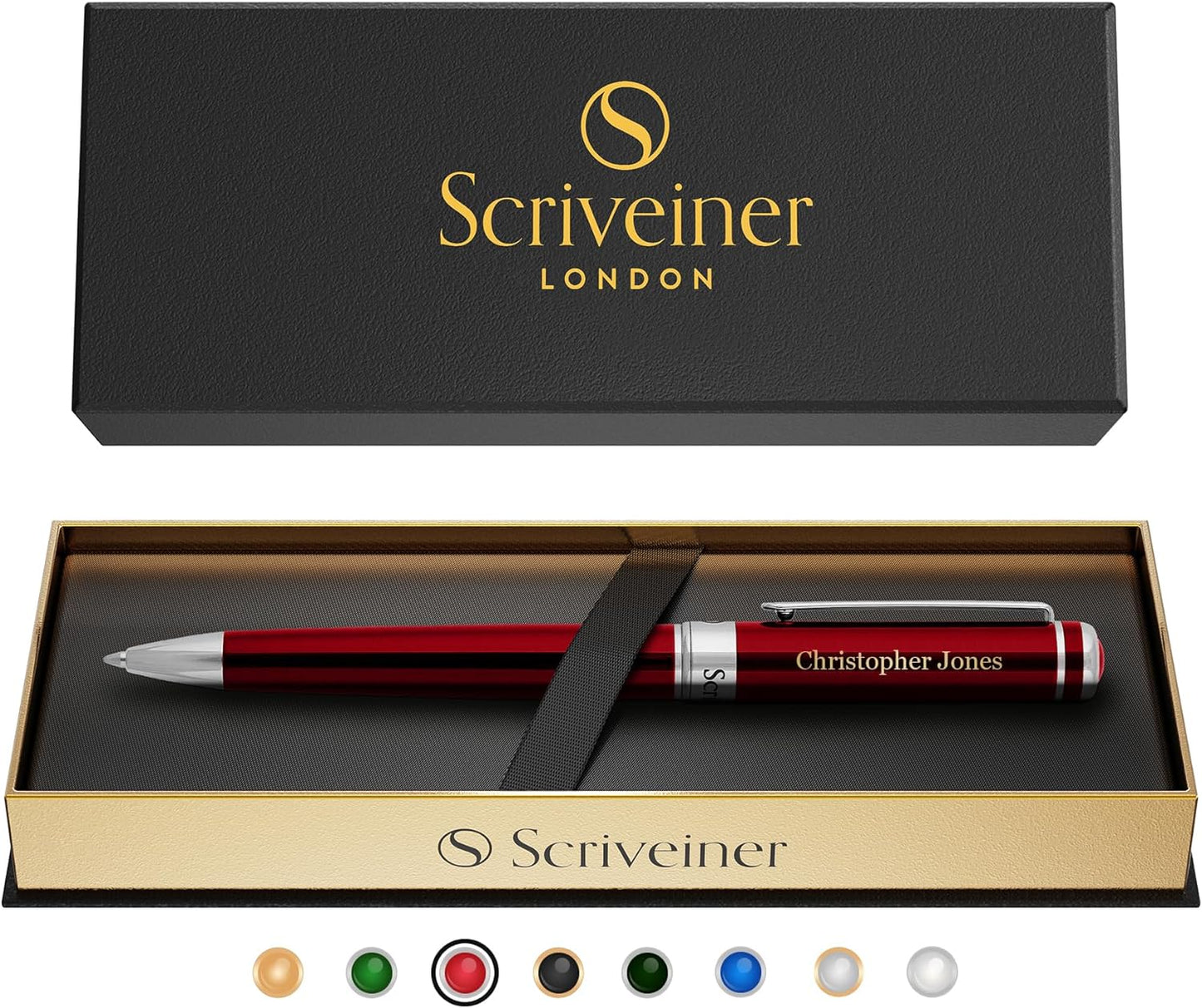Scriveiner Personalized Deep Crimson Red Pen - Stunning Red Lacquer Luxury Pen with Chrome Finish, Schmidt Ink Refill, Best Engraved Ball Point Gift Set for Men & Women, Custom Name Engraving