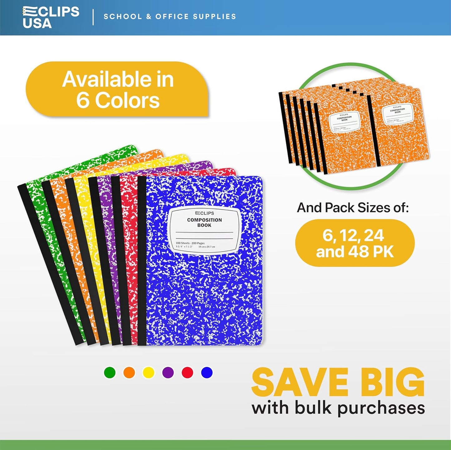 E-CLIPS USA Composition Notebooks, (48 Pack), Wide Ruled Composition Notebook, Marble Composition Notebook, 100 sheets, 200 Pages (48, Orange)