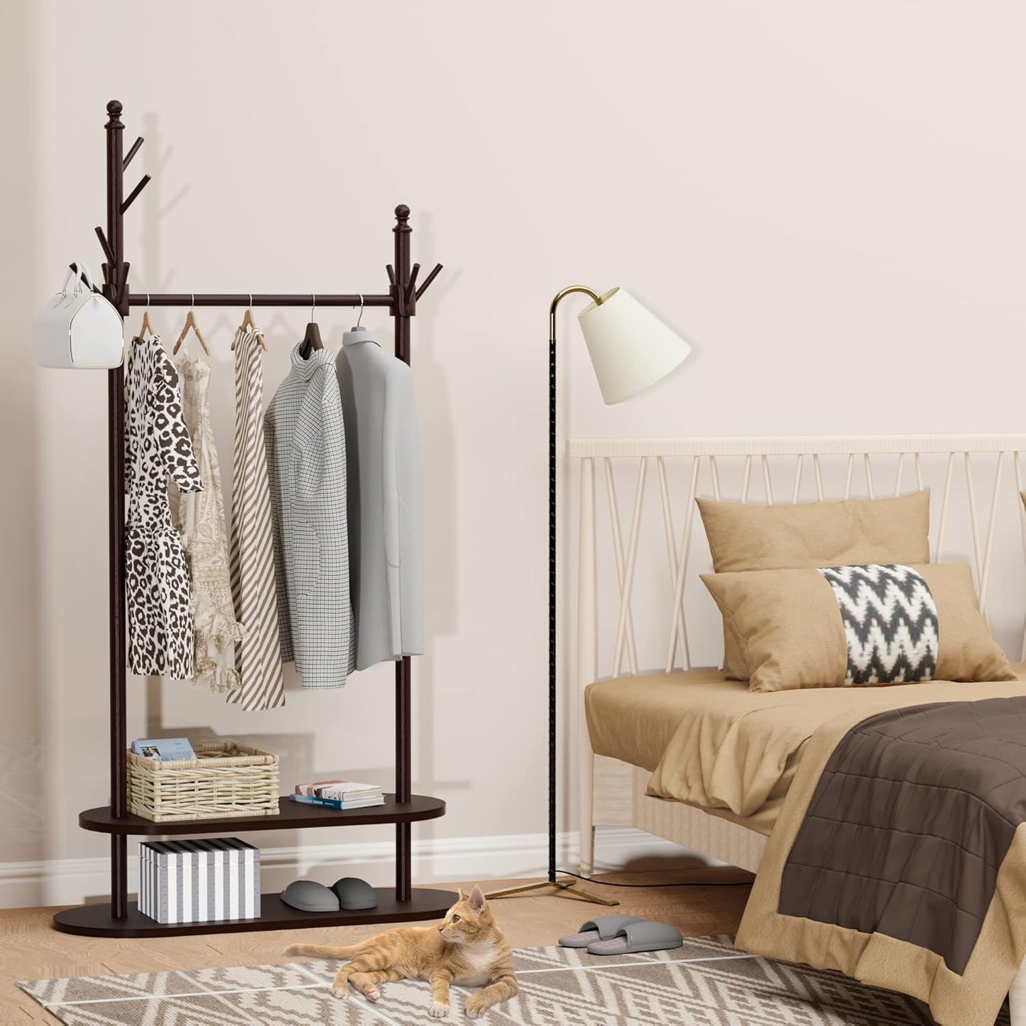 2-Tier Coat Rack Freestanding, Easy Assemble 8 Hooks Wooden Coat Rack with Shoe Storage Sturdy Coat Tree Save Space, Rustic Coat Stand for Entryway, Bedroom, Office (Dark Brown)