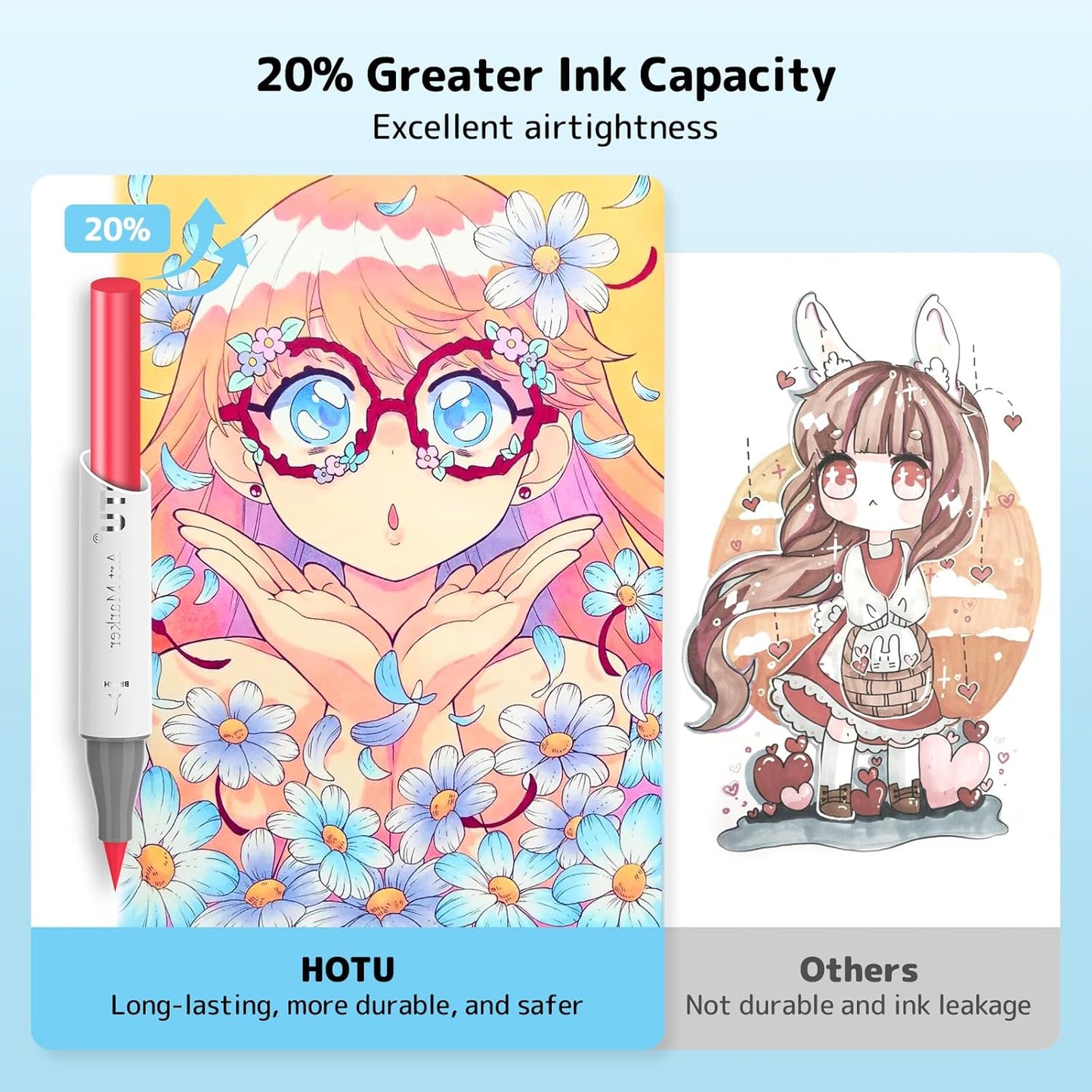 Alcohol Markers Brush Tip -60 Virant Colors Daul Tips Art Markers Set, for Artist Adults Coloring Illustrations, with Seamless Blending, Colorless Blender, Anti-Bleeding Pad, &Premium Ink