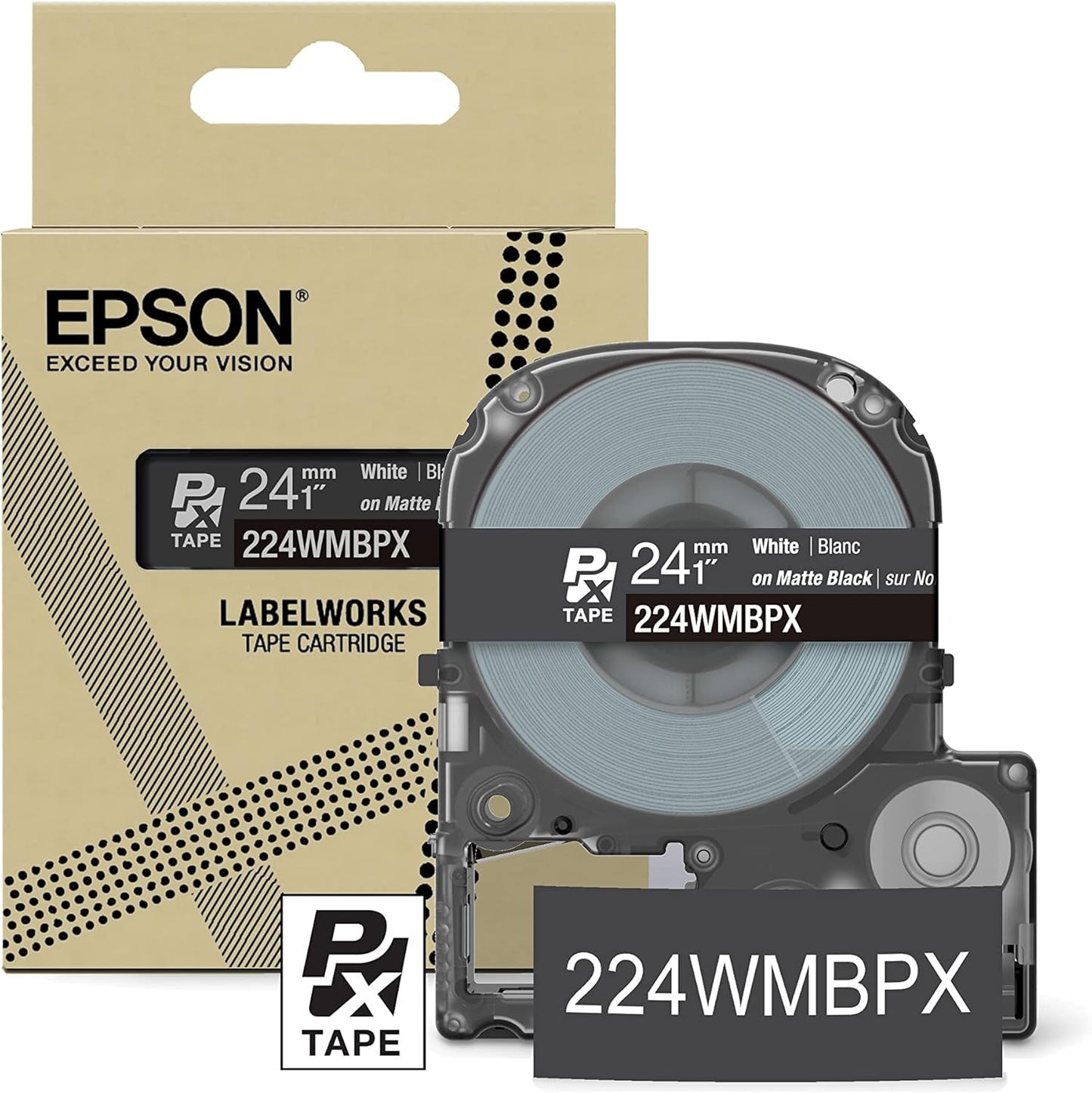 Epson LABELWORKS 224WMBPX Genuine PET (Polyester) Tape Cartridge - White on Matte Black Designer Craft Label Maker Tape - 1" (24MM) Wide, 26'