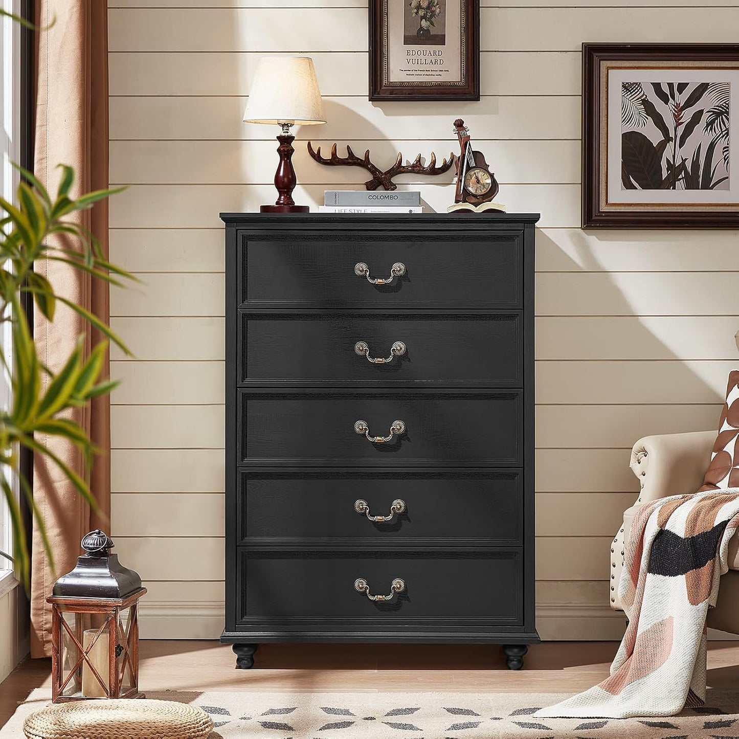 Farmhouse 5 Drawer Dresser Set of 2 for Bedroom, 45" Tall Rustic Chests of Drawers w/ 4 Solid Wood Feet, Vintage Mid Century Wooden Closet Storage Dressers Organizer for Living Room, Black