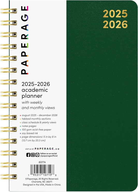 PAPERAGE 17 Month Academic Planner 2025-2026, Weekly & Monthly Spreads, August 2025 - December 2026, Small (5 in x 8 in), Dark Green