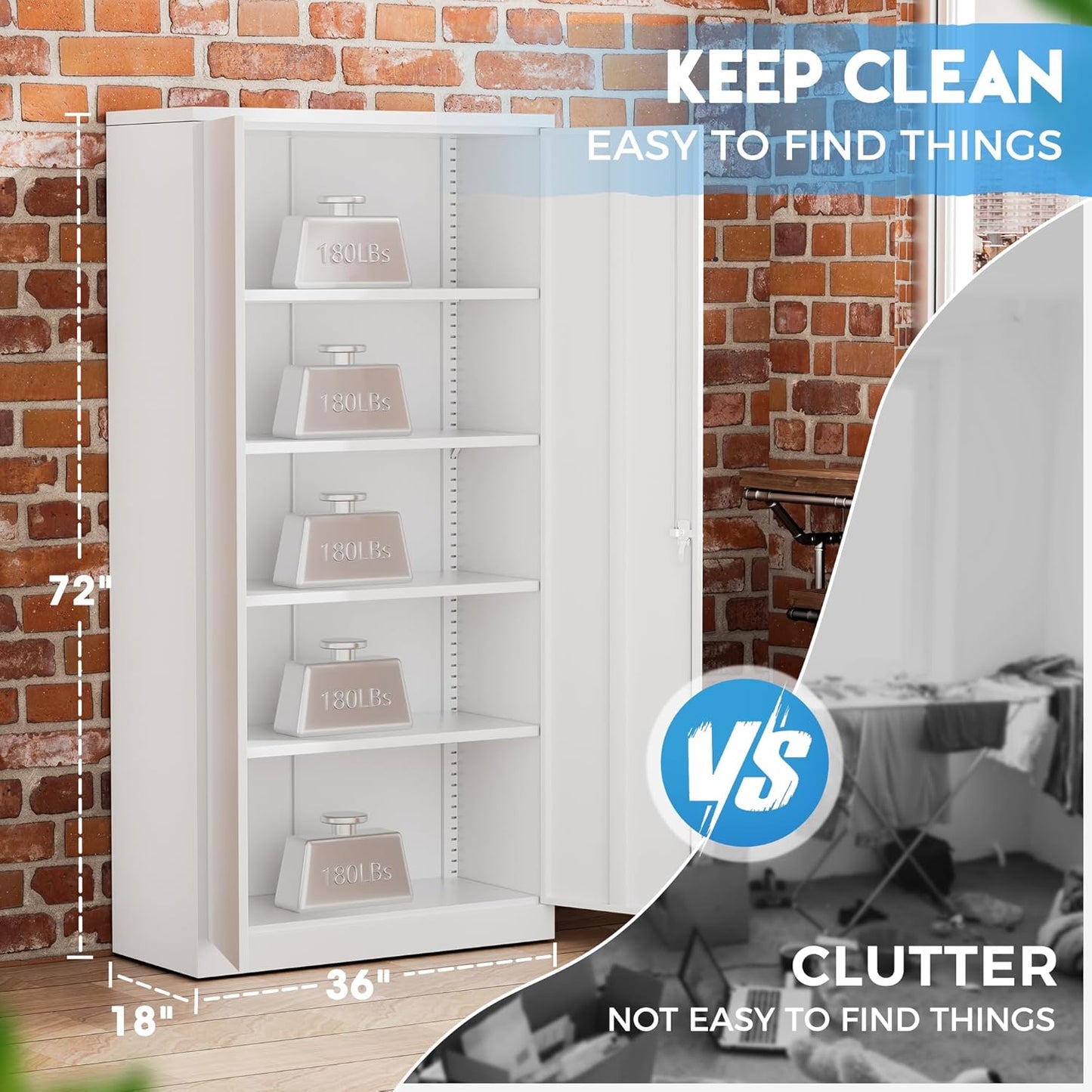 Greenvelly White Metal Storage Cabinets 72” Garage Steel Storage Cabinet with Doors and Shelves, Metal File Organization for Home Office, Basement, Warehouse, Classroom（Anti Ttipping）