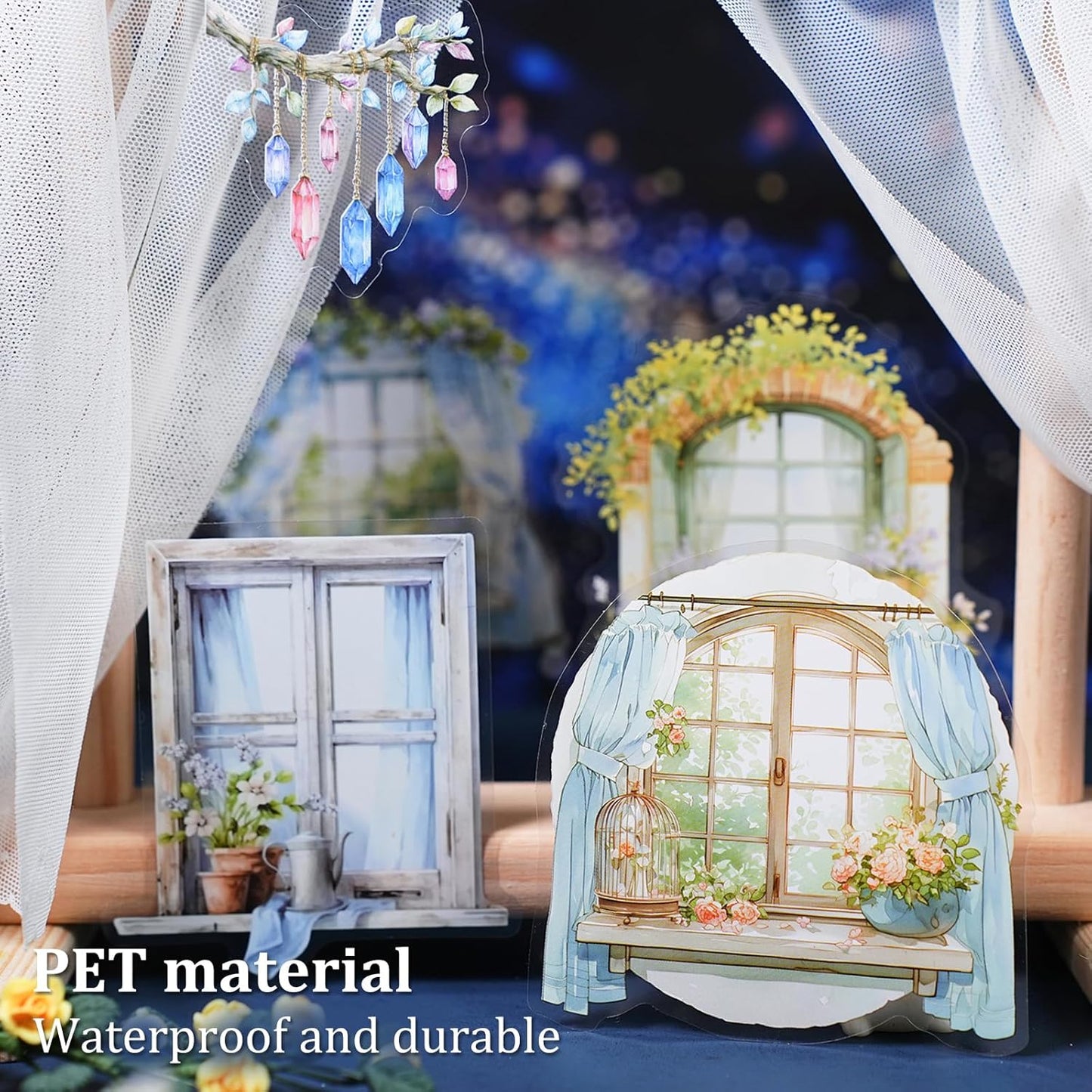 Romantic Window PET Stickers, 96pcs Dreamy Floral and String Light Decorative Sticker for Scrapbooking, Journaling, DIY Crafts, Planner Supplies