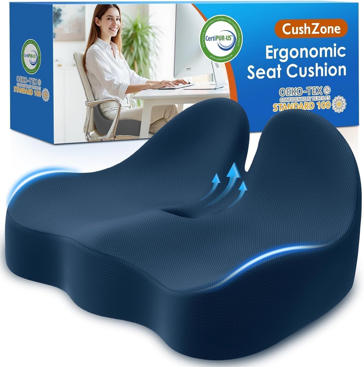Seat Cushion, Memory Foam Office Chair Cushions, Ergonomic Curved Design for Sciatica, Tailbone, Coccyx, Seat Support for Car, Desk Chair, Wheelchair, Enhances Long Sitting Comfort (Blue)