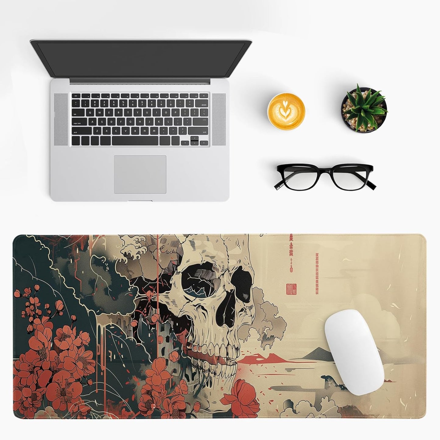Japanese Ukiyo-e XL Anime Big Mouse Pads Large Skull Gaming Mouse Pad for Men Desk Pad with Stitched Edges Non-Slip Large Computer Mat, 31.5x11.8 in